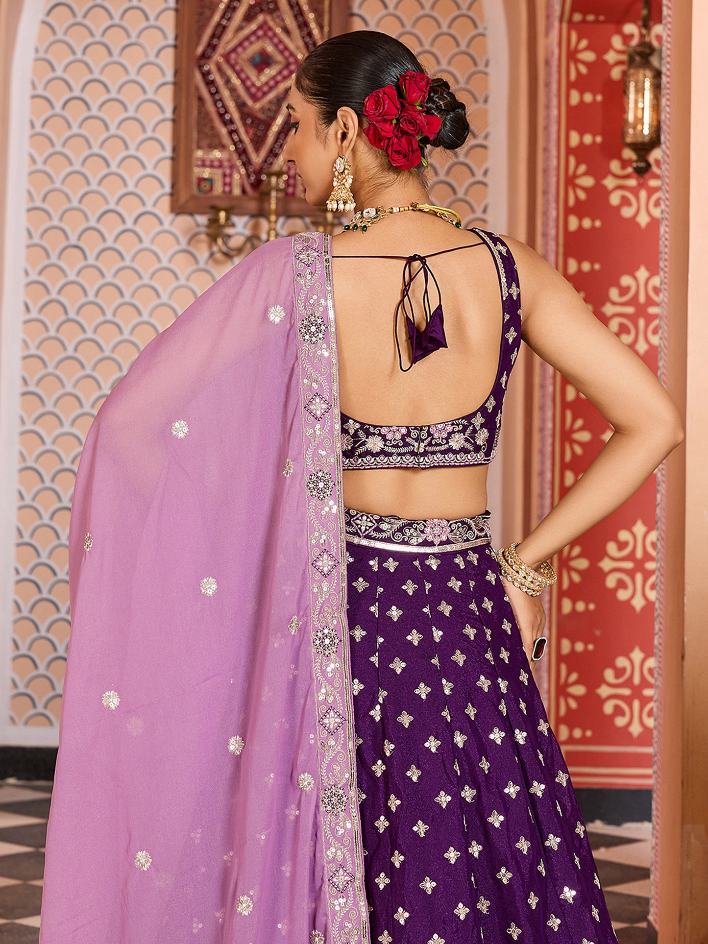 Burgundy Silk Sequins Embroidery Lehenga Choli for Bridesmaid