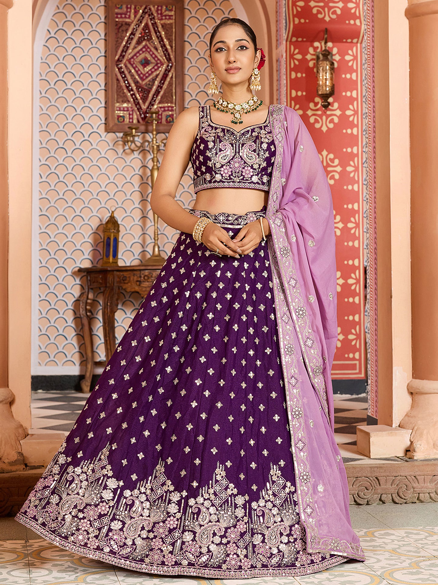 Burgundy Silk Sequins Embroidery Lehenga Choli for Bridesmaid