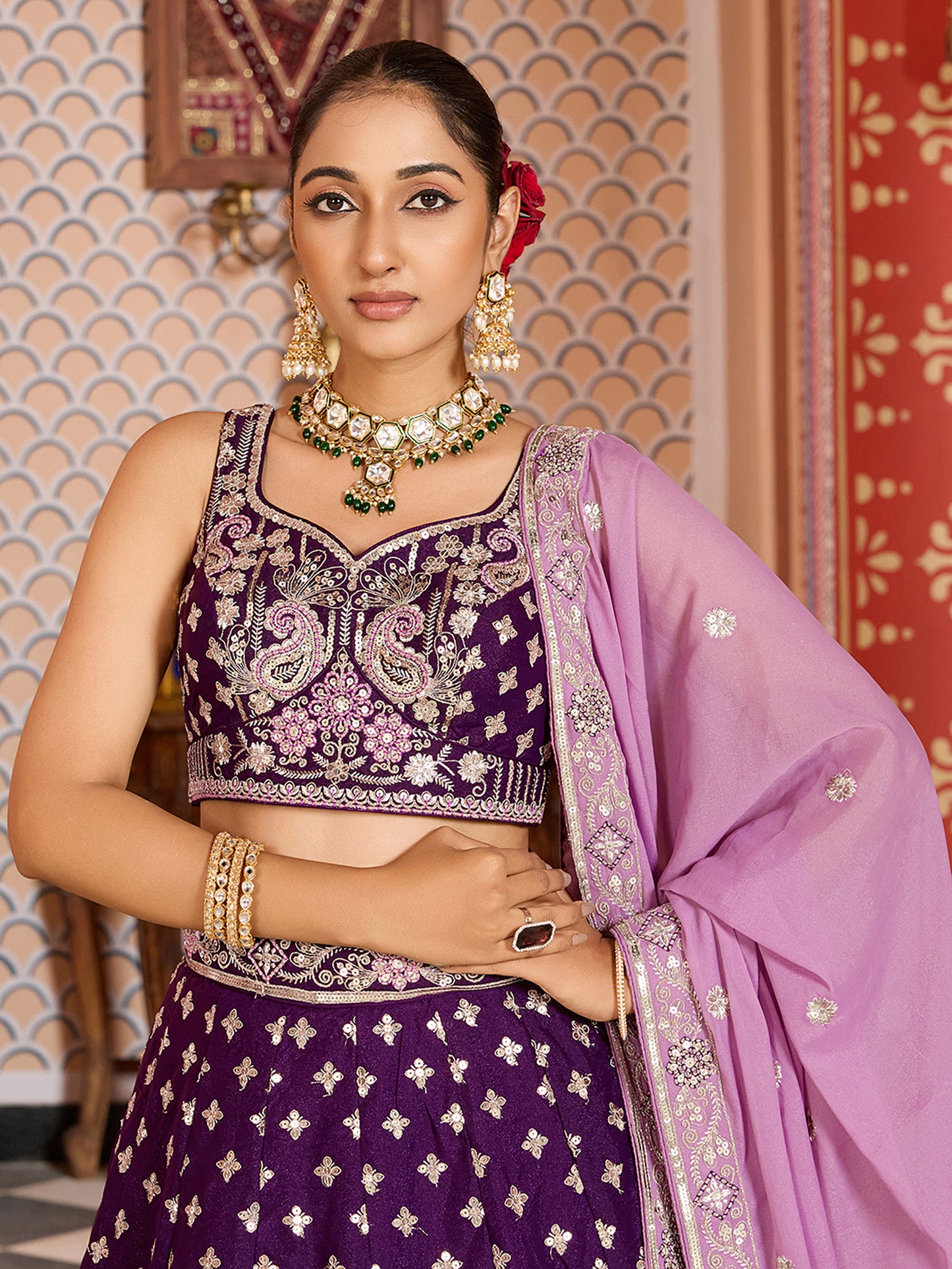 Burgundy Silk Sequins Embroidery Lehenga Choli for Bridesmaid