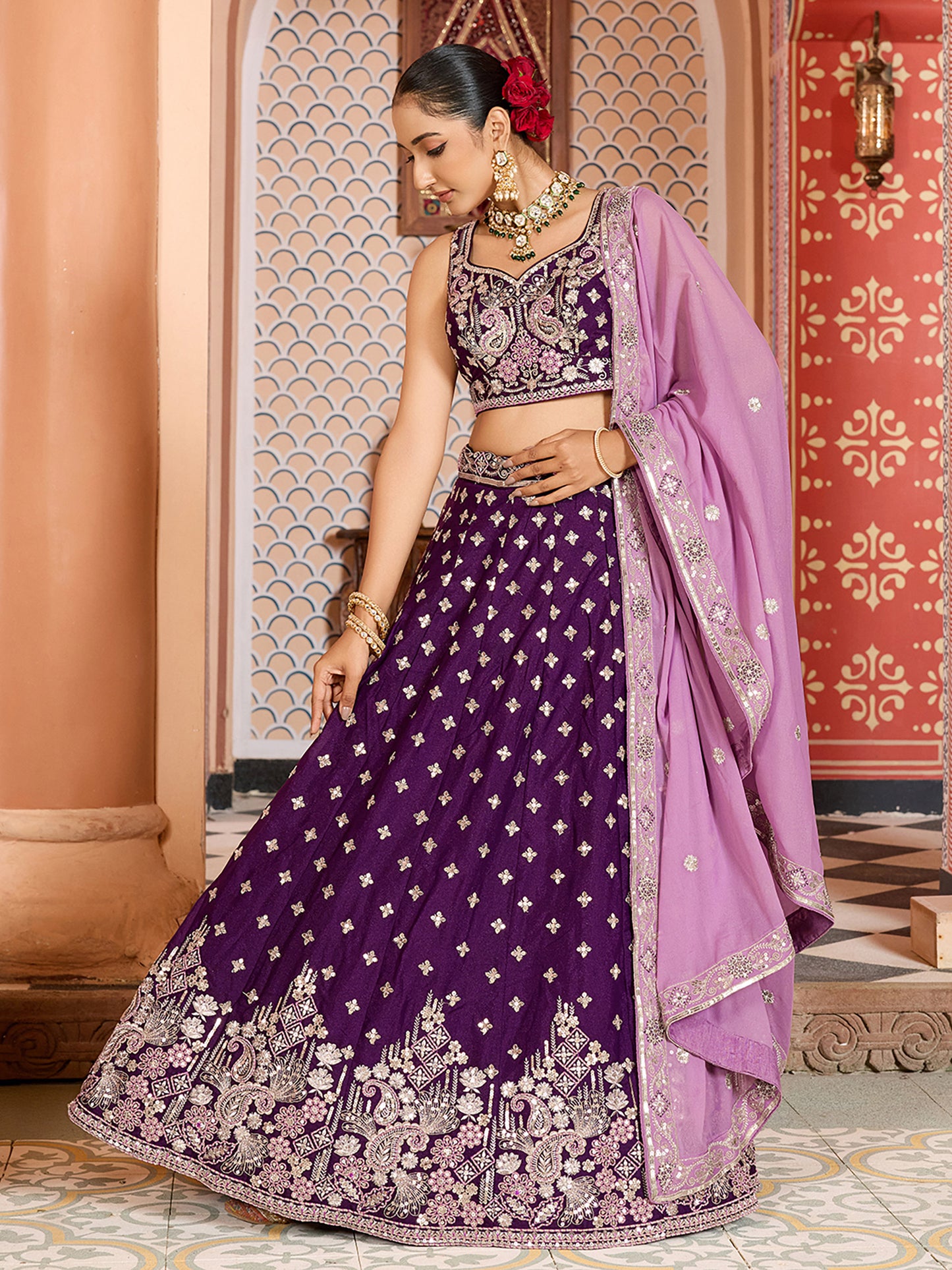 Burgundy Silk Sequins Embroidery Lehenga Choli for Bridesmaid