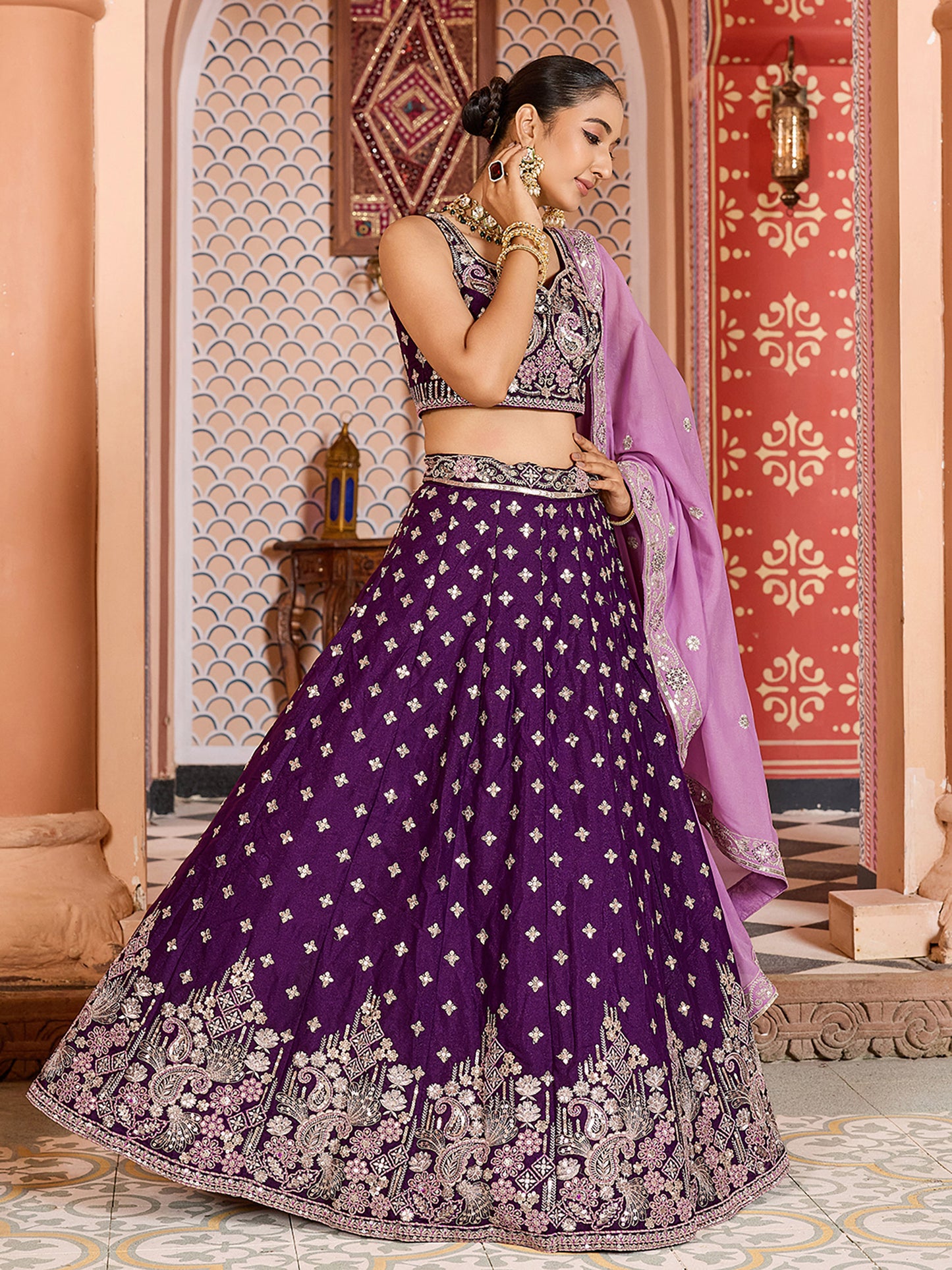 Burgundy Silk Sequins Embroidery Lehenga Choli for Bridesmaid