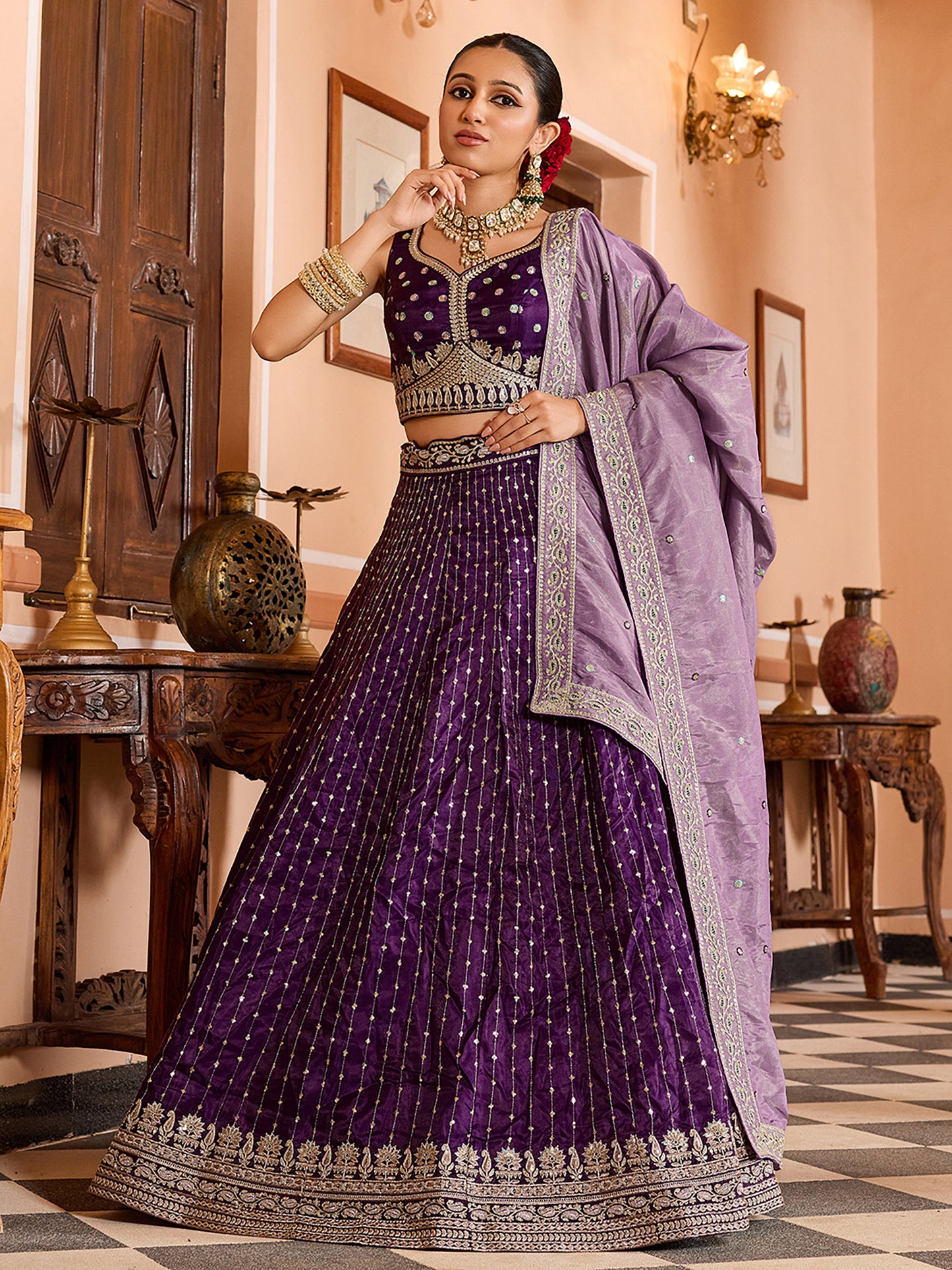 Purple Tissue Silk Fabric Sequins Embroidery Wedding Guest Lehenga Choli