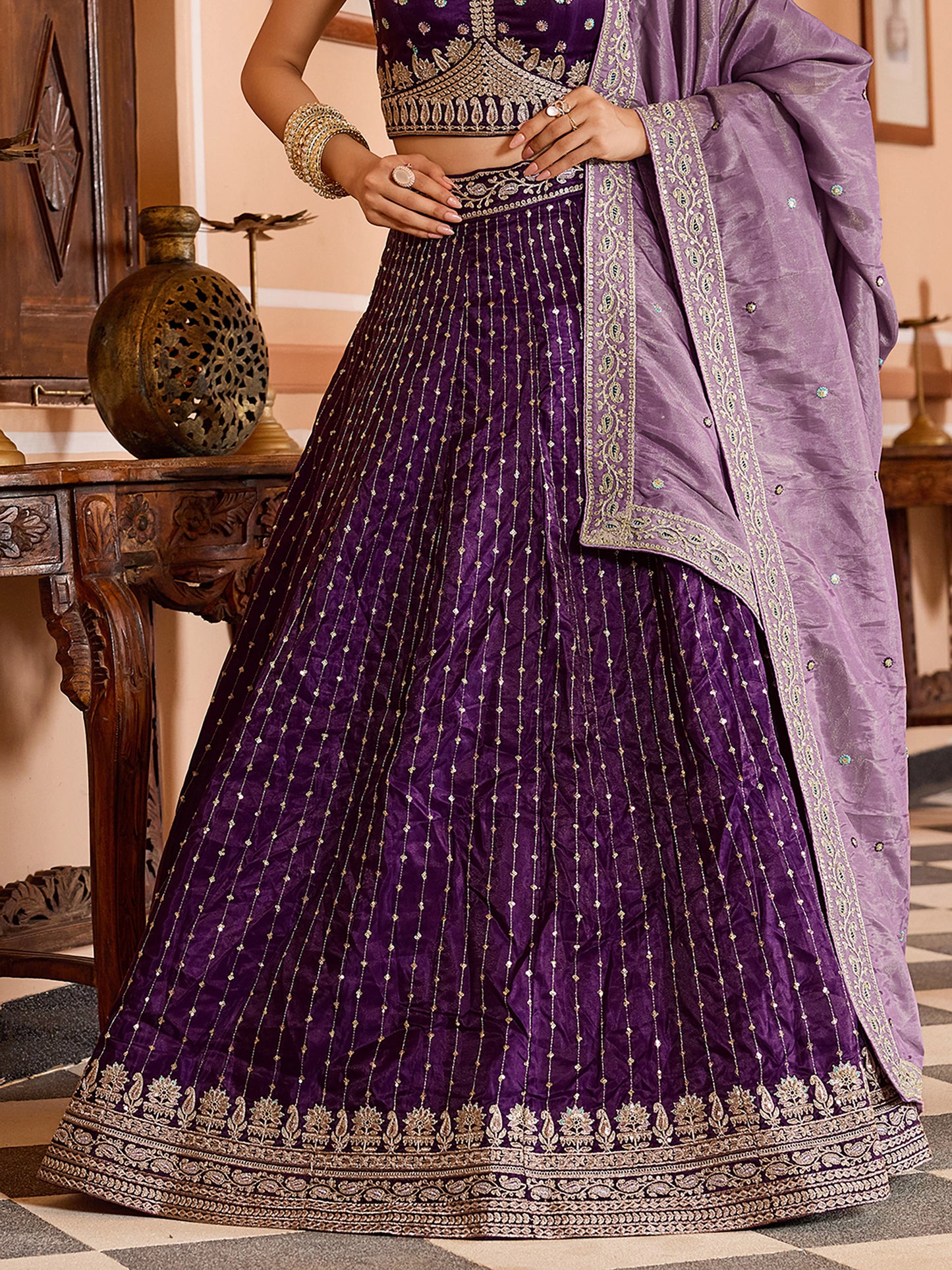 Purple Tissue Silk Fabric Sequins Embroidery Wedding Guest Lehenga Choli
