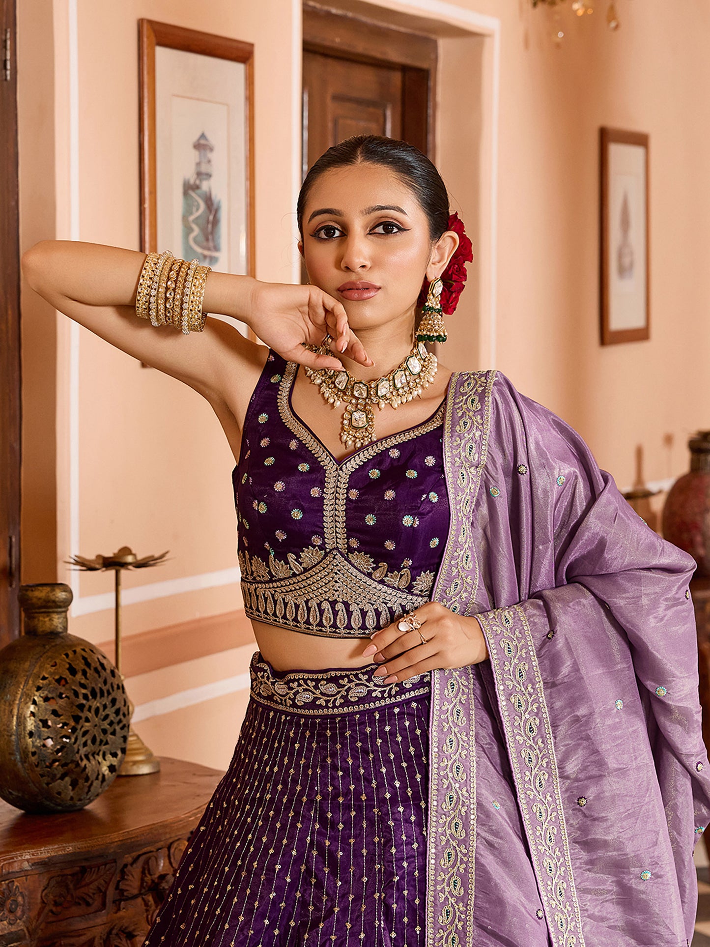 Purple Tissue Silk Fabric Sequins Embroidery Wedding Guest Lehenga Choli