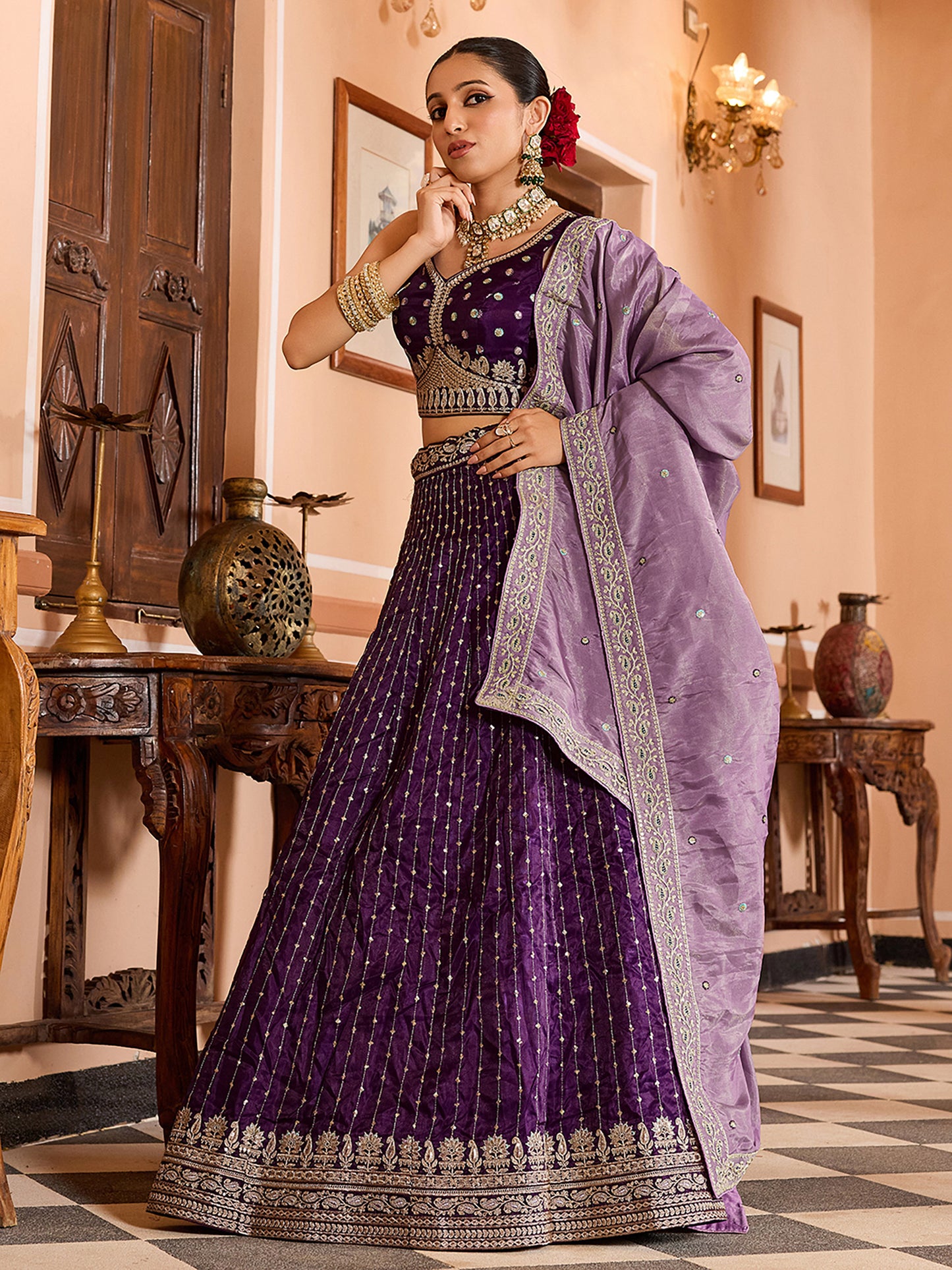 Purple Tissue Silk Fabric Sequins Embroidery Wedding Guest Lehenga Choli