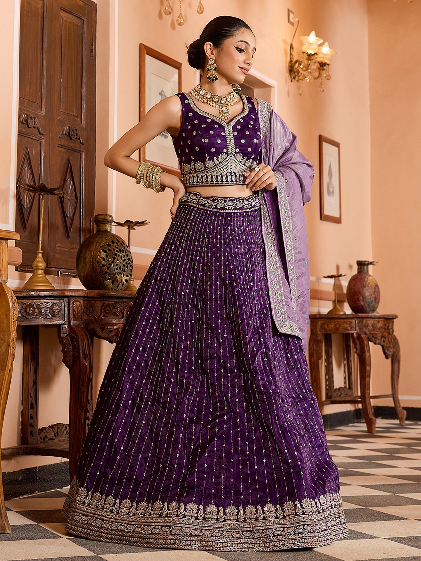Purple Tissue Silk Fabric Sequins Embroidery Wedding Guest Lehenga Choli