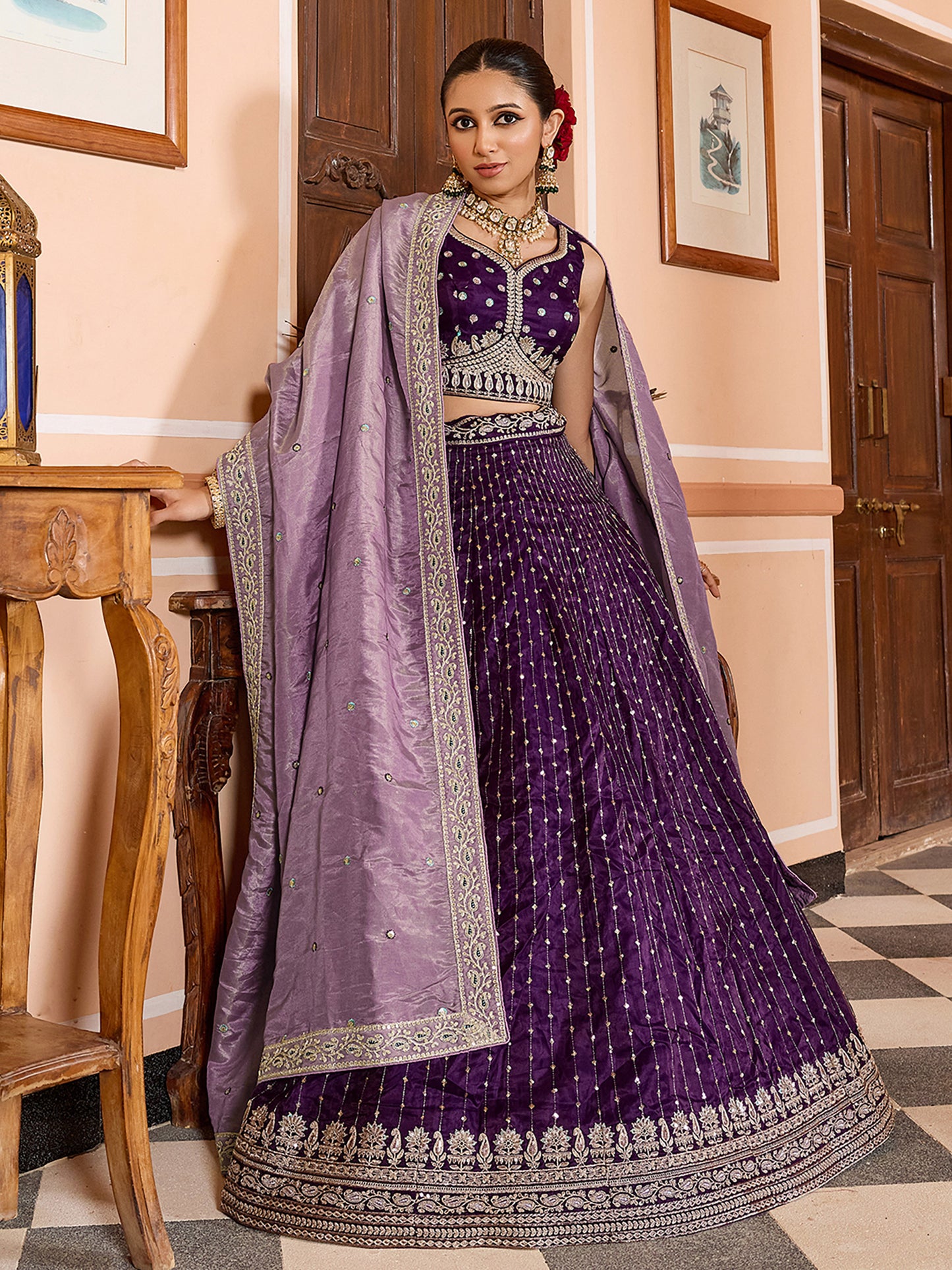 Purple Tissue Silk Fabric Sequins Embroidery Wedding Guest Lehenga Choli