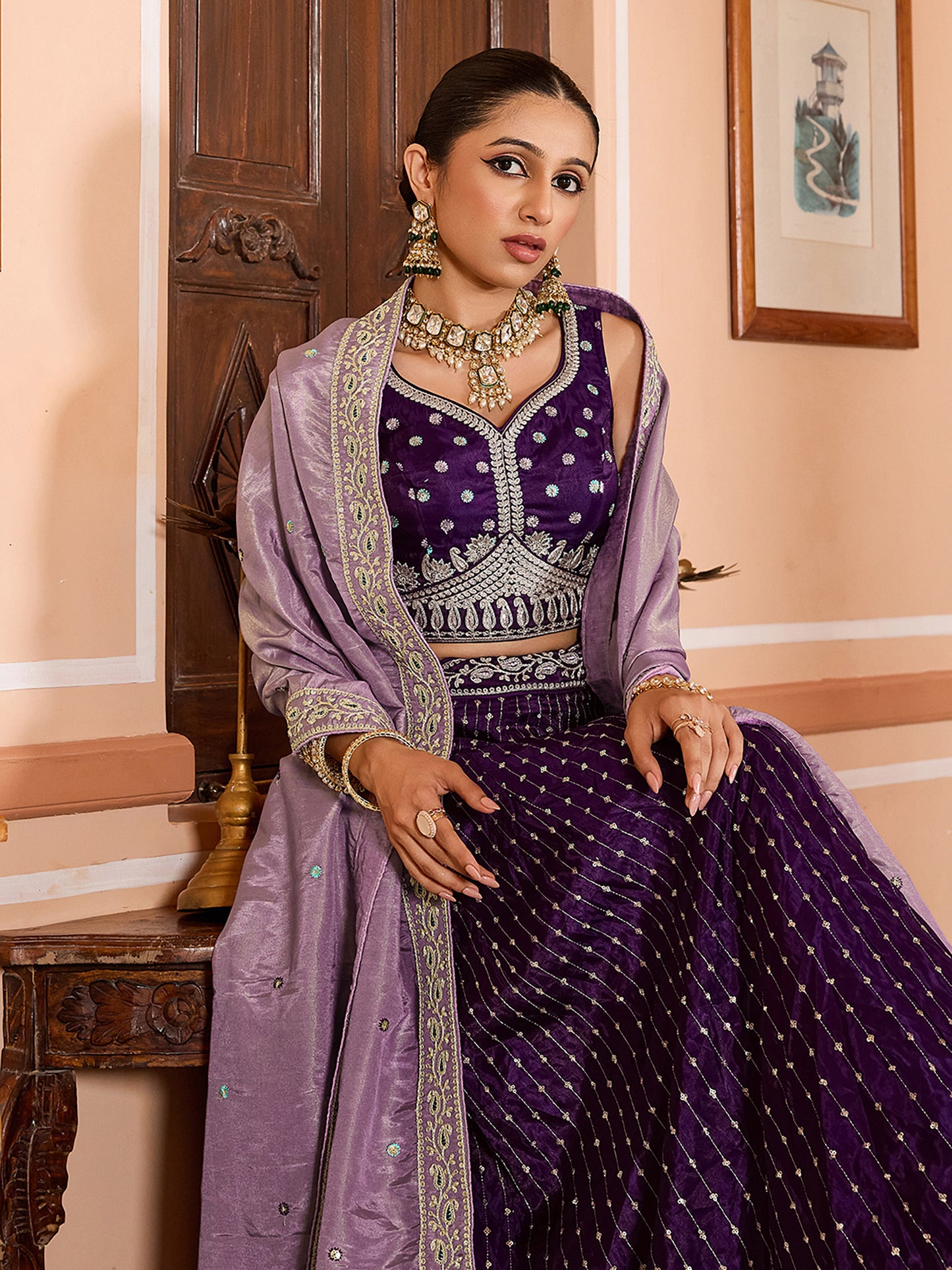 Purple Tissue Silk Fabric Sequins Embroidery Wedding Guest Lehenga Choli