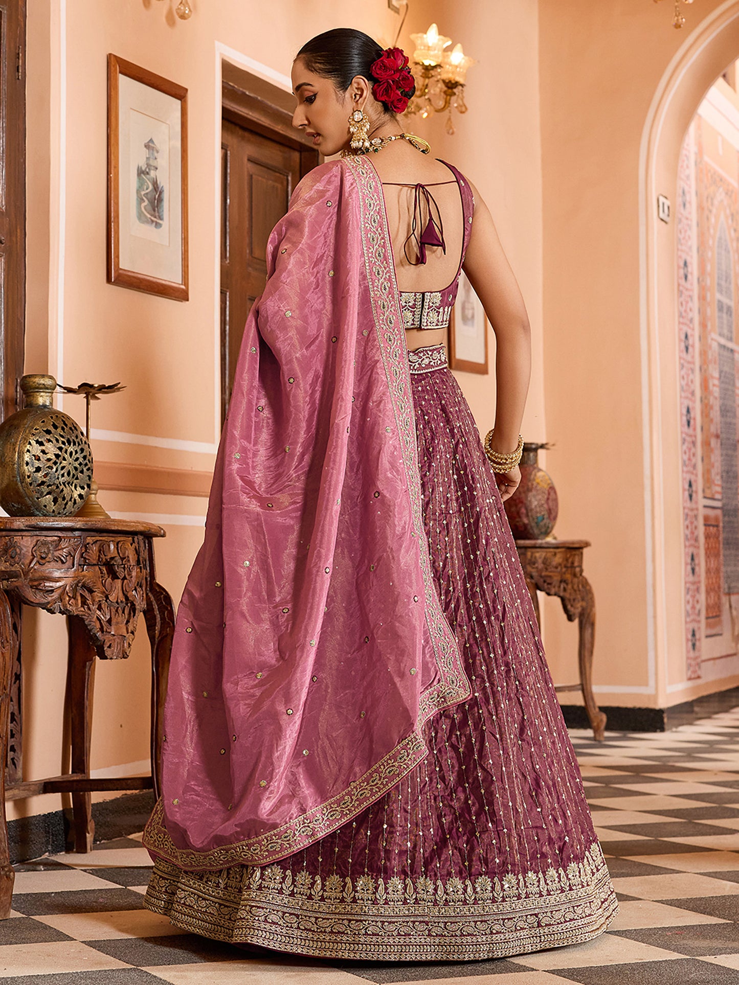 Rose Gold Tissue Silk Fabric Sequins Embroidery Wedding Guest Lehenga Choli
