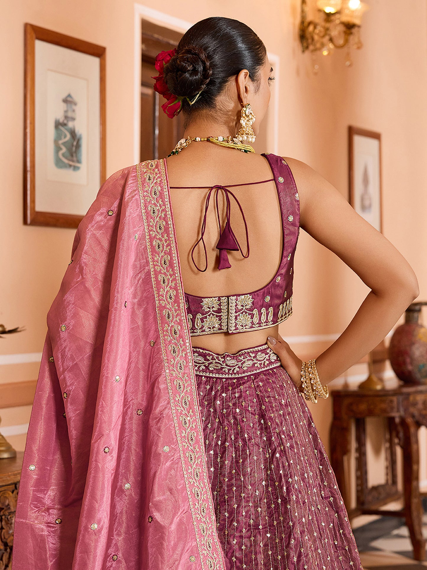 Rose Gold Tissue Silk Fabric Sequins Embroidery Wedding Guest Lehenga Choli