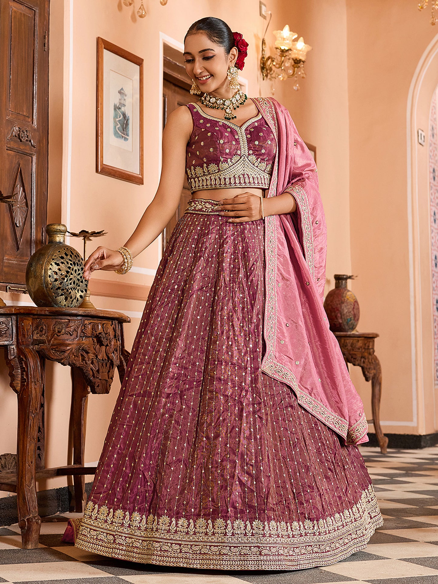Rose Gold Tissue Silk Fabric Sequins Embroidery Wedding Guest Lehenga Choli