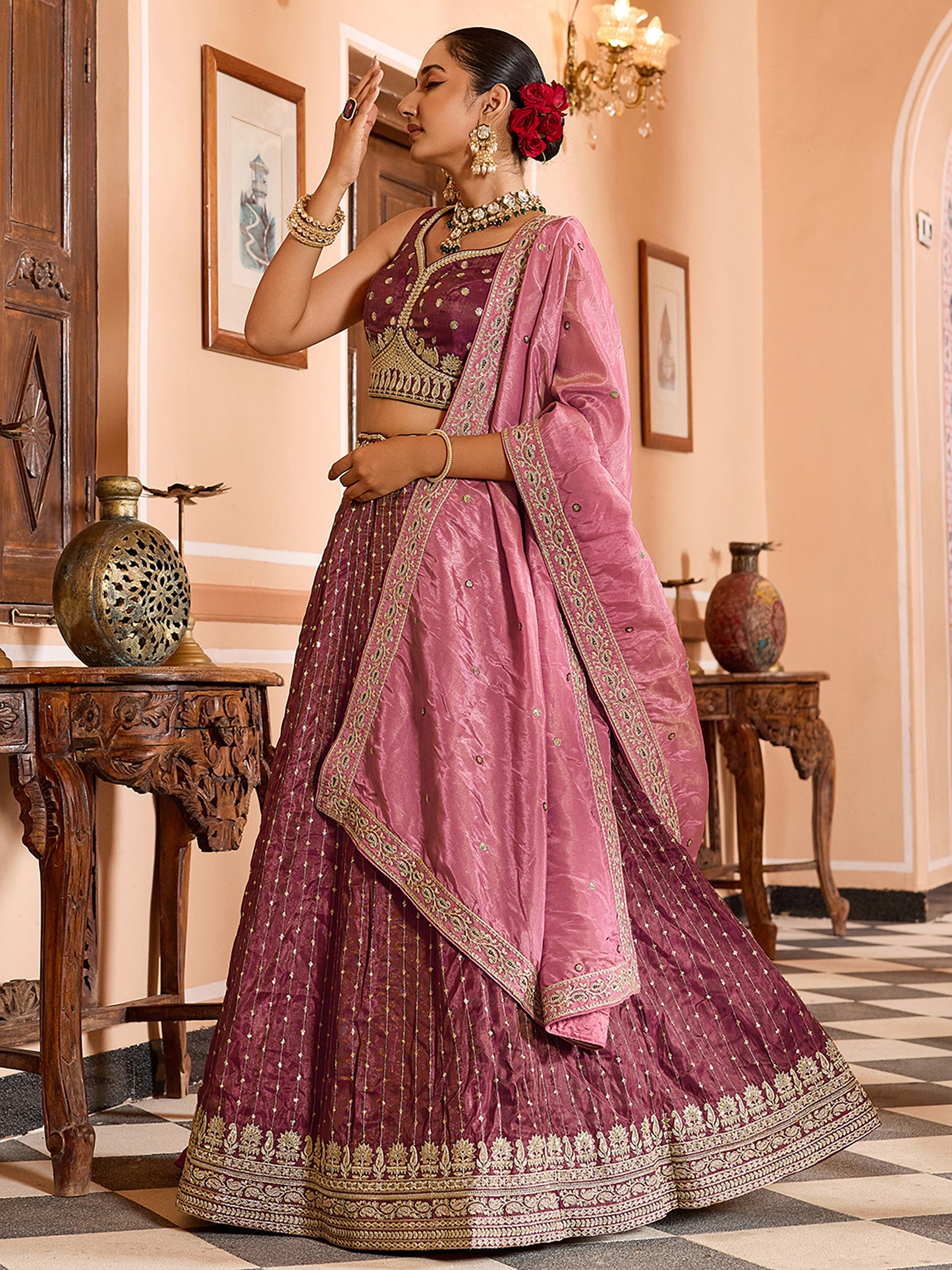 Rose Gold Tissue Silk Fabric Sequins Embroidery Wedding Guest Lehenga Choli