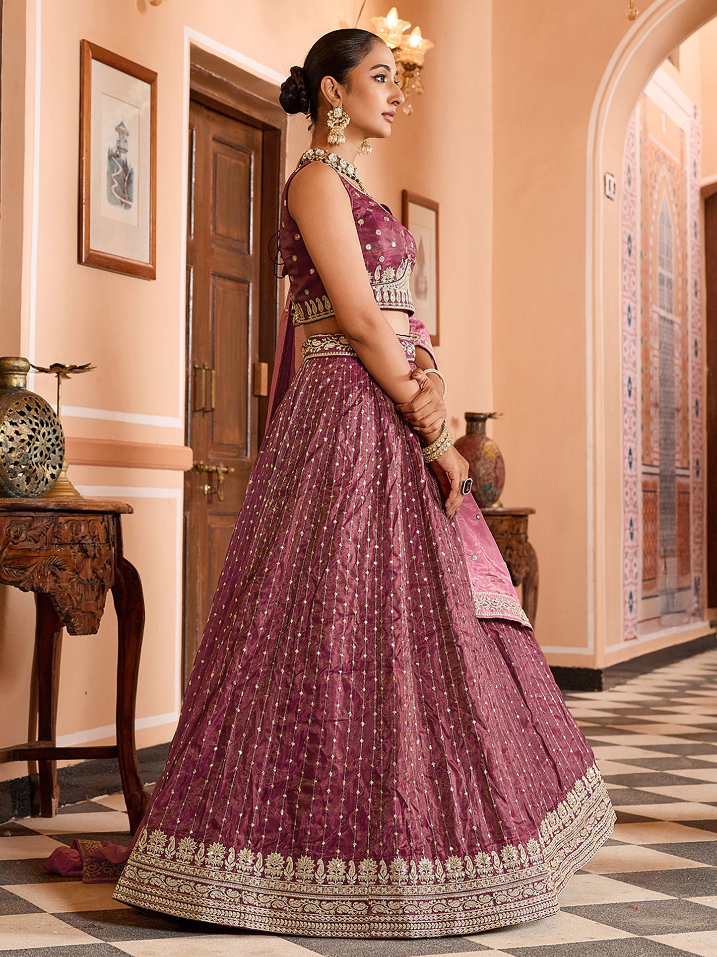 Rose Gold Tissue Silk Fabric Sequins Embroidery Wedding Guest Lehenga Choli
