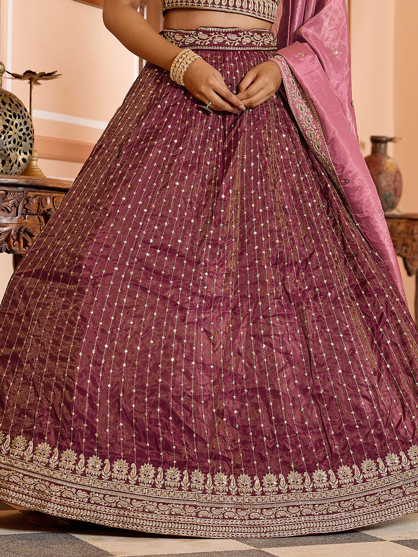 Rose Gold Tissue Silk Fabric Sequins Embroidery Wedding Guest Lehenga Choli