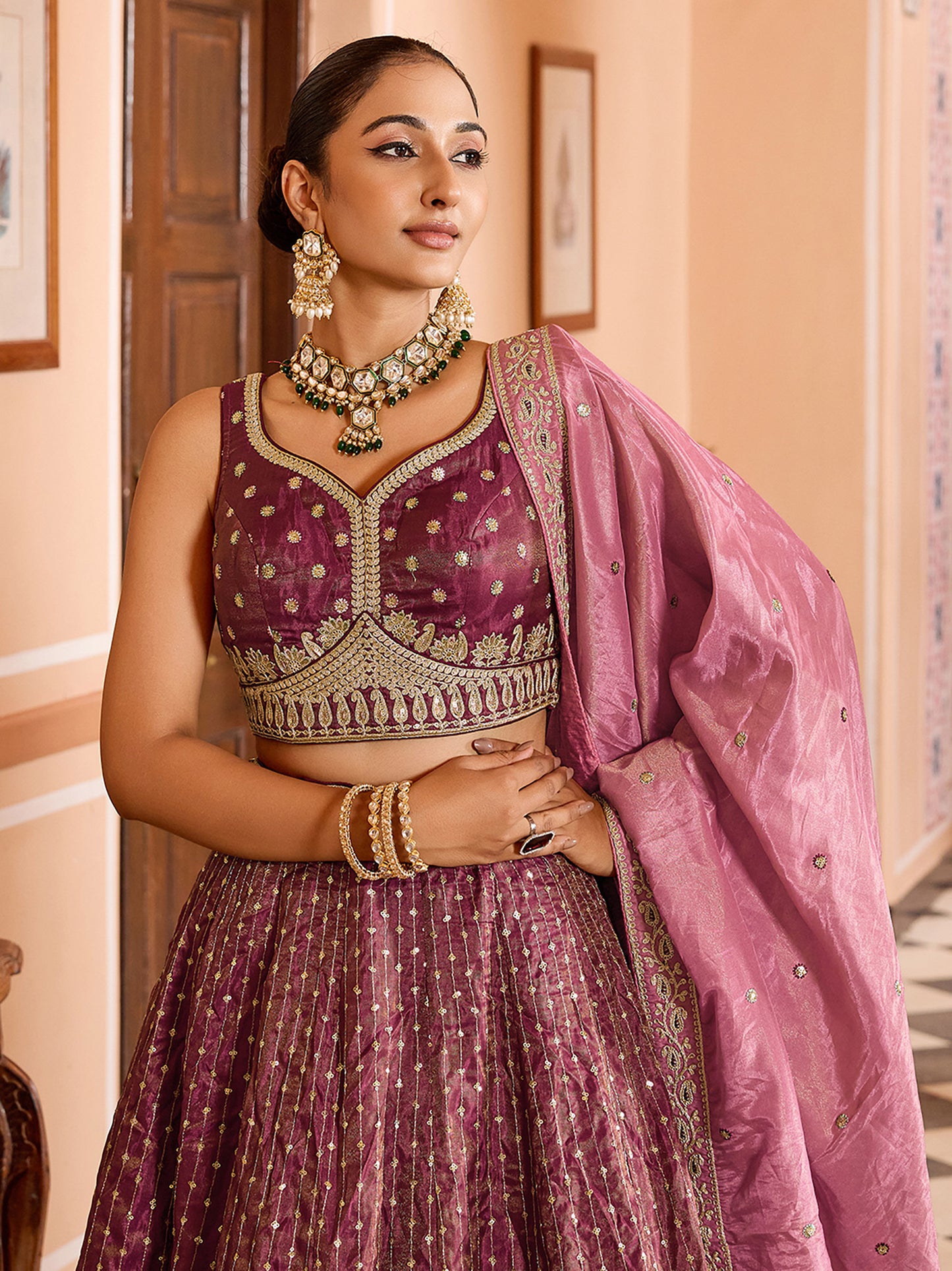 Rose Gold Tissue Silk Fabric Sequins Embroidery Wedding Guest Lehenga Choli