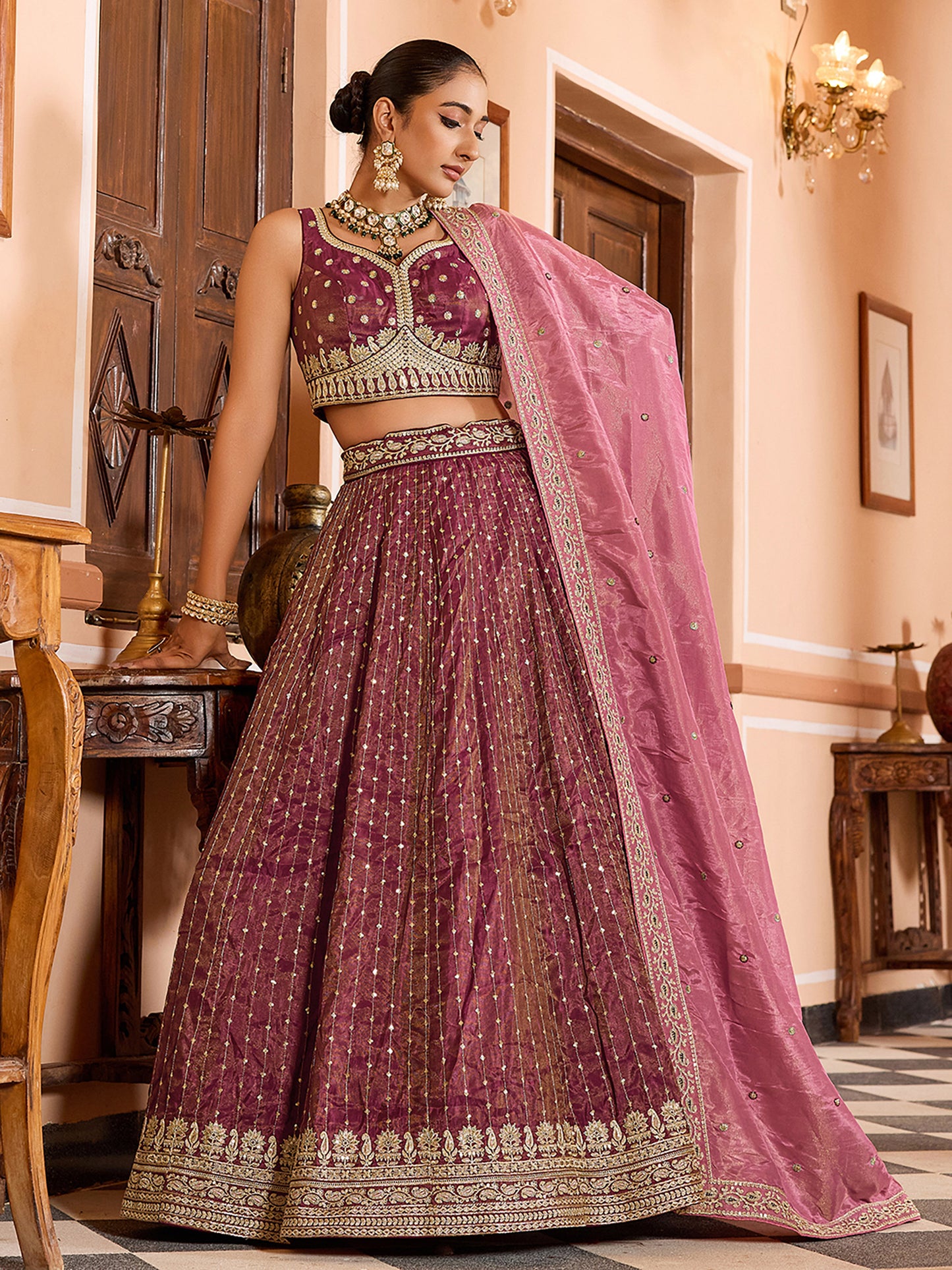 Rose Gold Tissue Silk Fabric Sequins Embroidery Wedding Guest Lehenga Choli