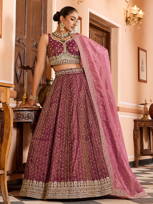 Rose Gold Tissue Silk Fabric Sequins Embroidery Wedding Guest Lehenga Choli