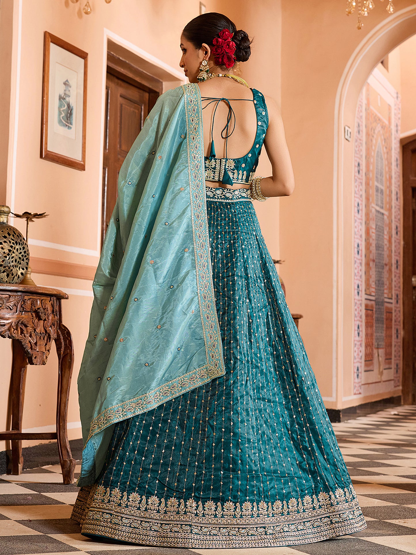 Teal Blue Tissue Silk Fabric Sequins Embroidery Wedding Guest Lehenga Choli