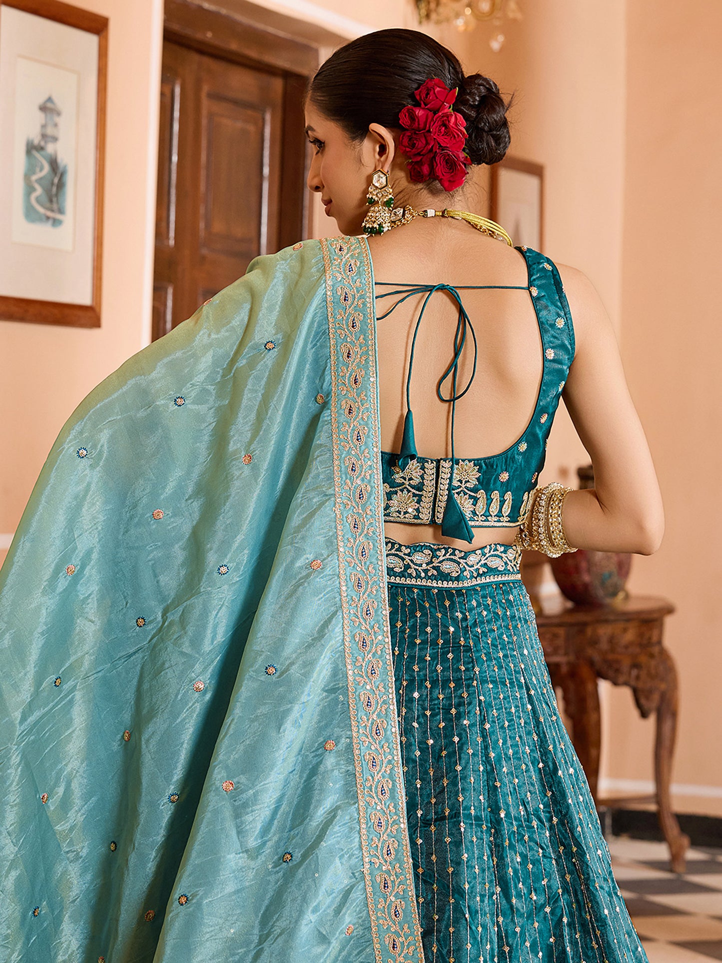 Teal Blue Tissue Silk Fabric Sequins Embroidery Wedding Guest Lehenga Choli