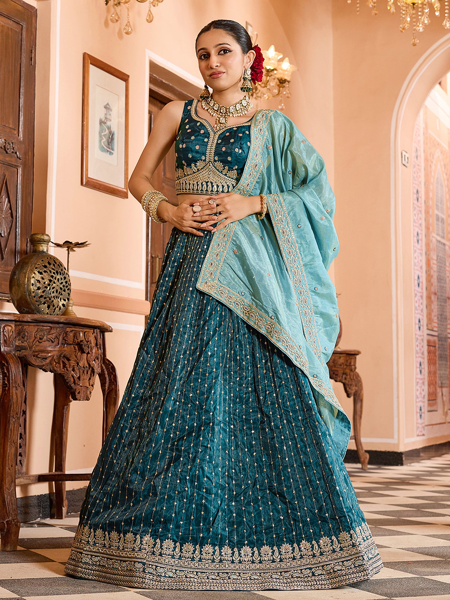Teal Blue Tissue Silk Fabric Sequins Embroidery Wedding Guest Lehenga Choli