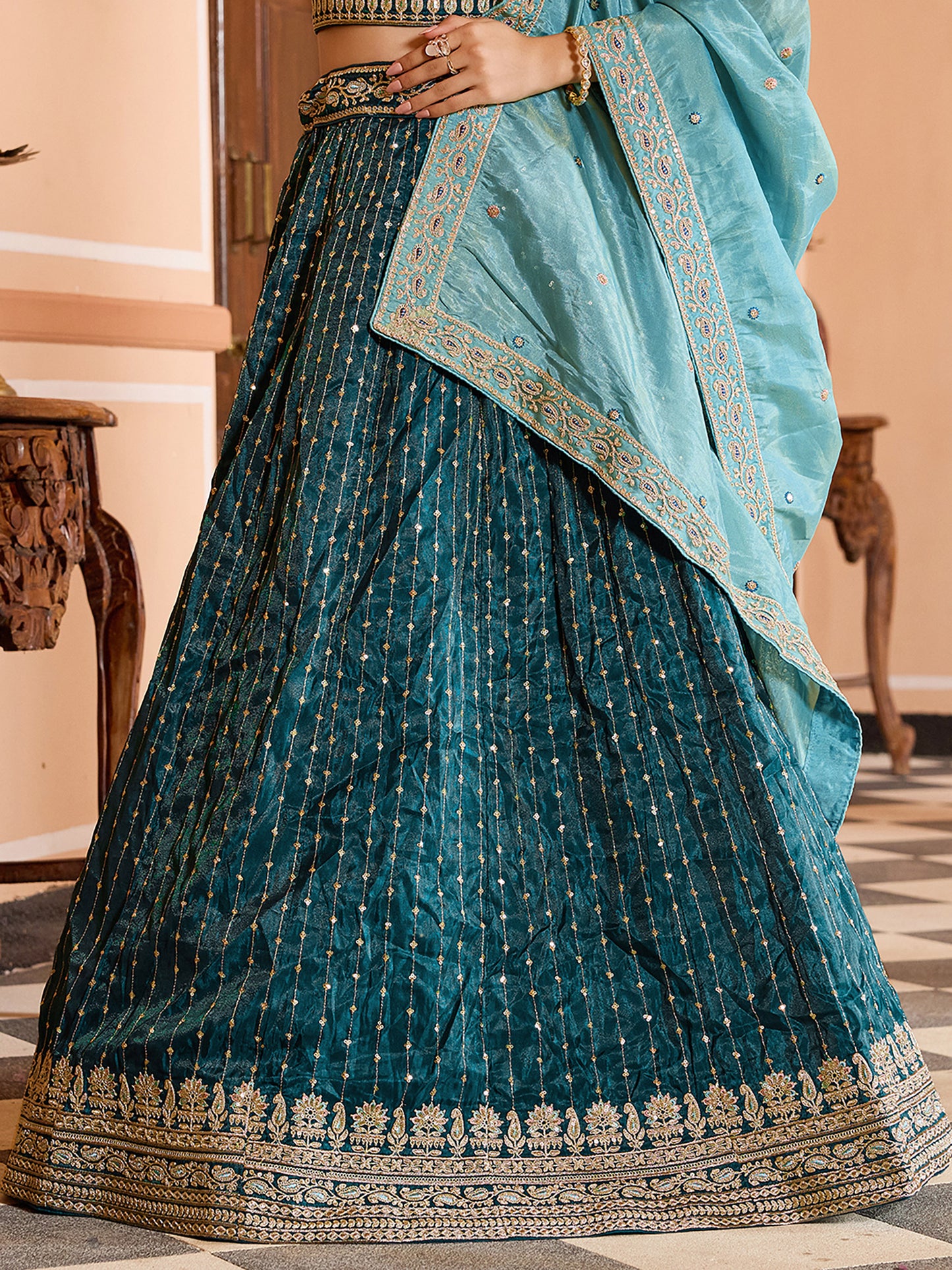 Teal Blue Tissue Silk Fabric Sequins Embroidery Wedding Guest Lehenga Choli