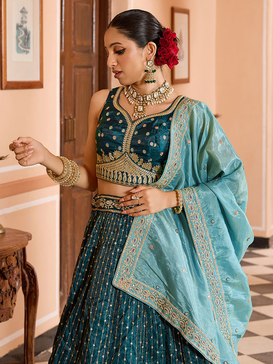 Teal Blue Tissue Silk Fabric Sequins Embroidery Wedding Guest Lehenga Choli