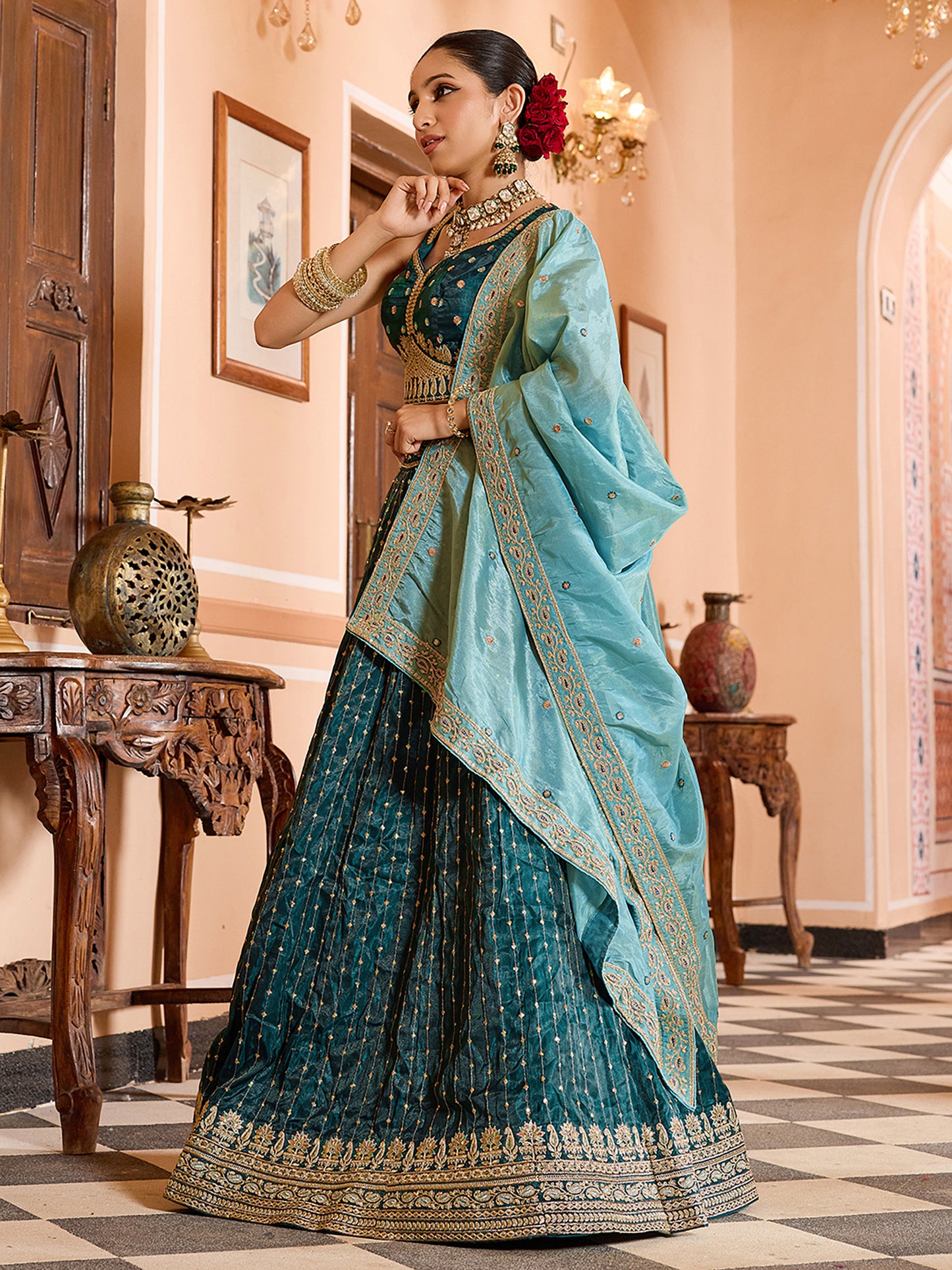Teal Blue Tissue Silk Fabric Sequins Embroidery Wedding Guest Lehenga Choli
