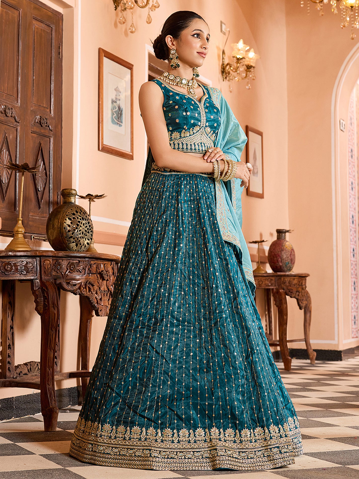 Teal Blue Tissue Silk Fabric Sequins Embroidery Wedding Guest Lehenga Choli