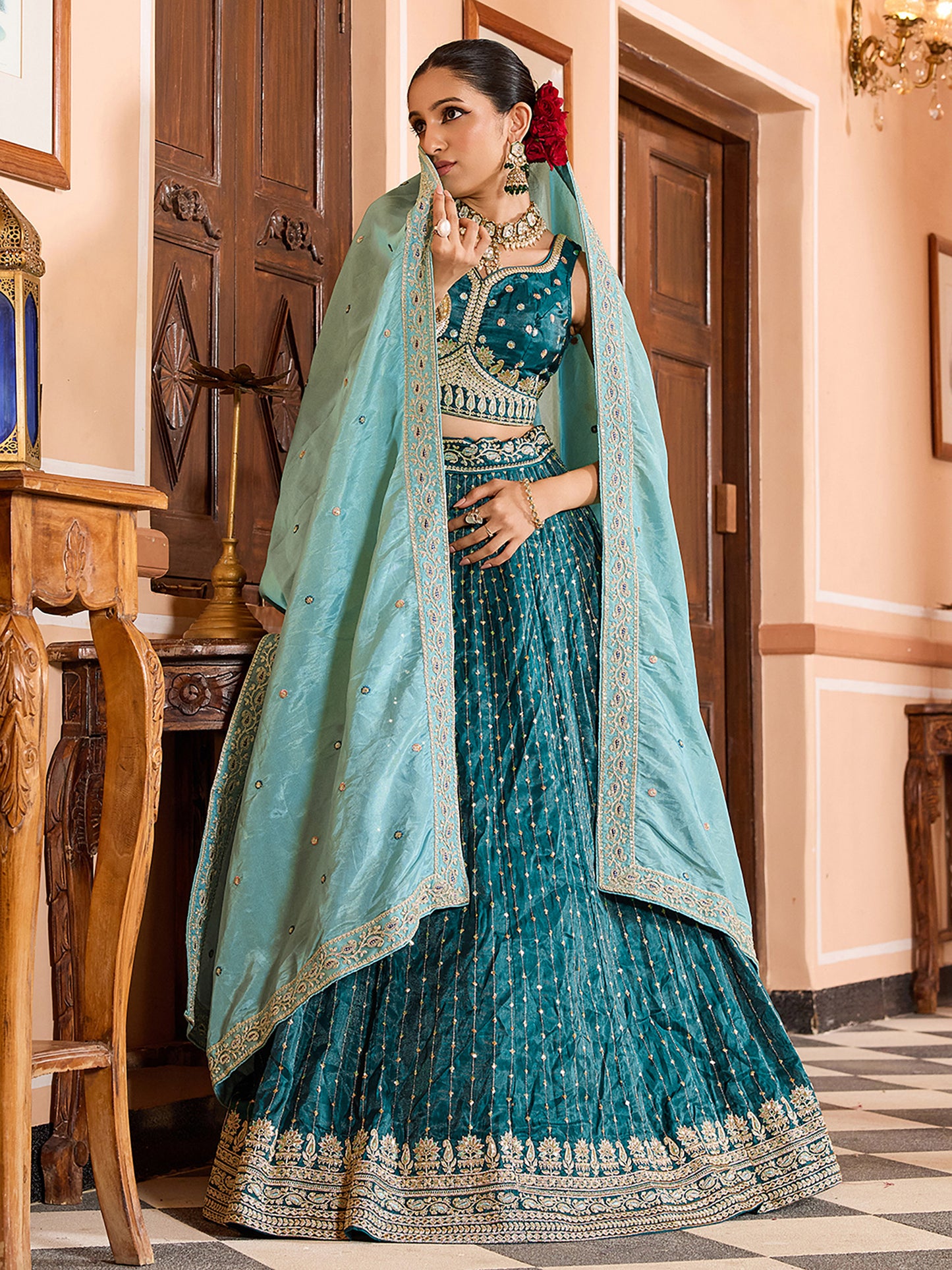 Teal Blue Tissue Silk Fabric Sequins Embroidery Wedding Guest Lehenga Choli