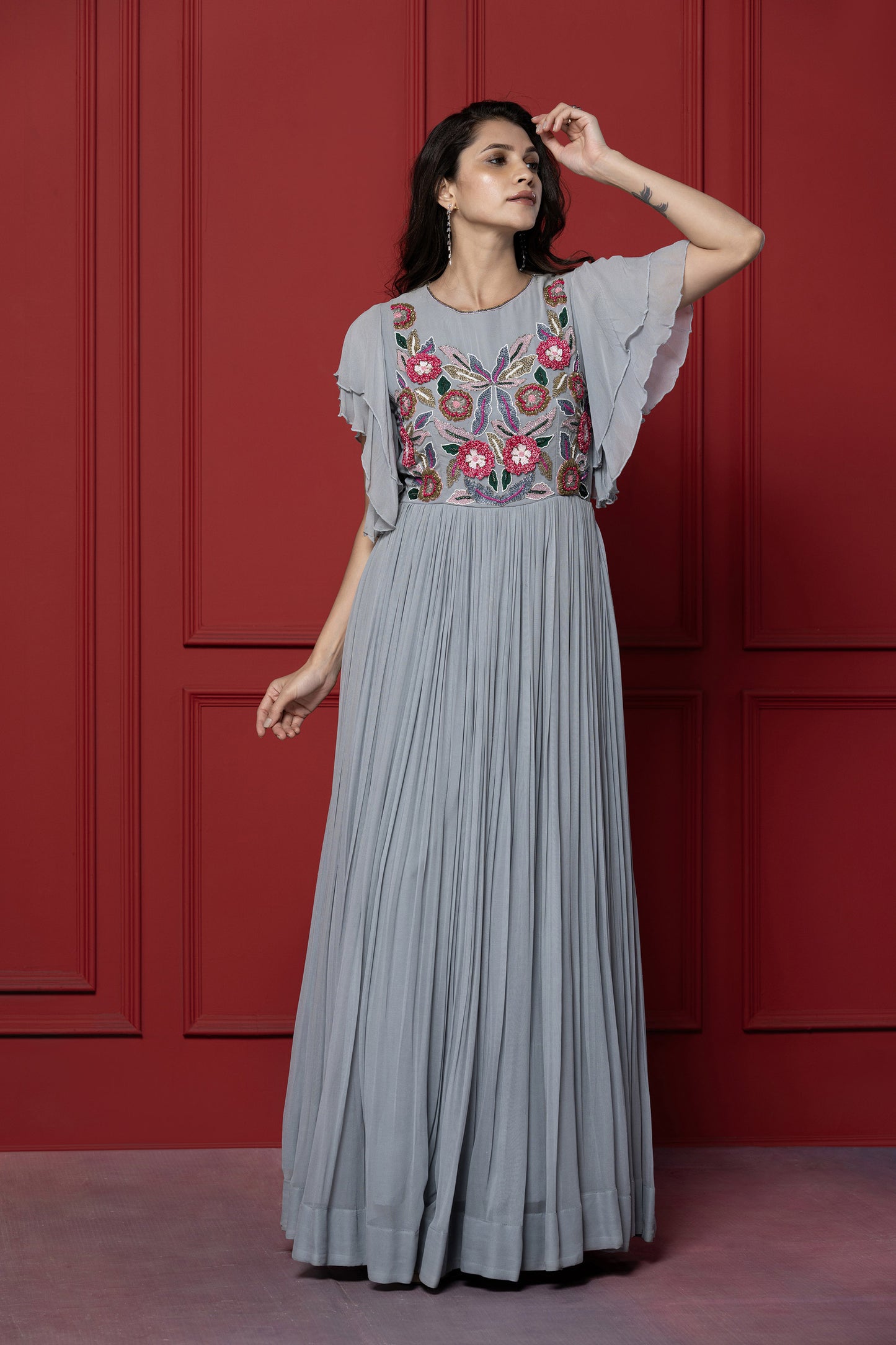 Grey Threadwork Bell Sleeved Grey Gown