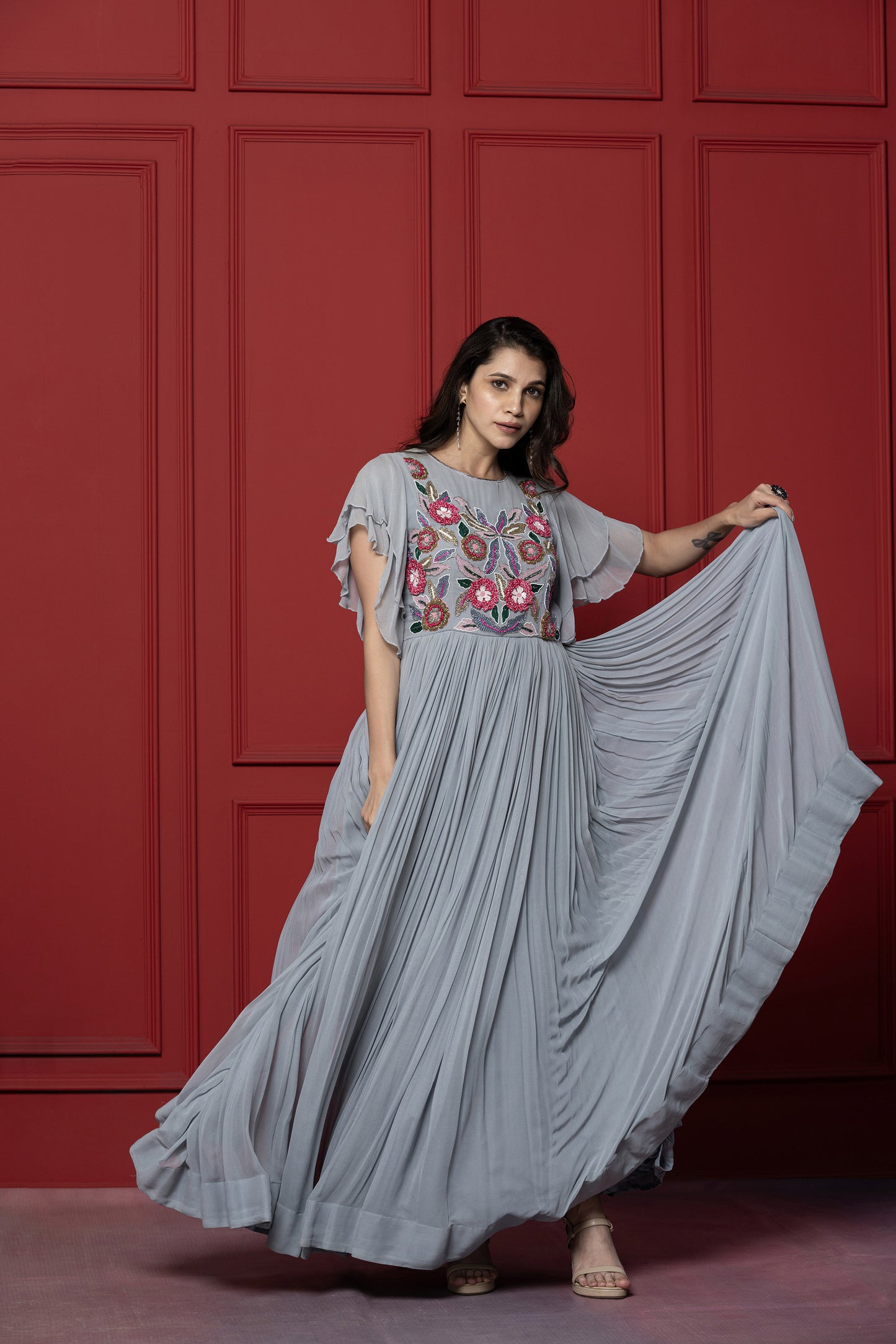 Grey Threadwork Bell Sleeved Grey Gown