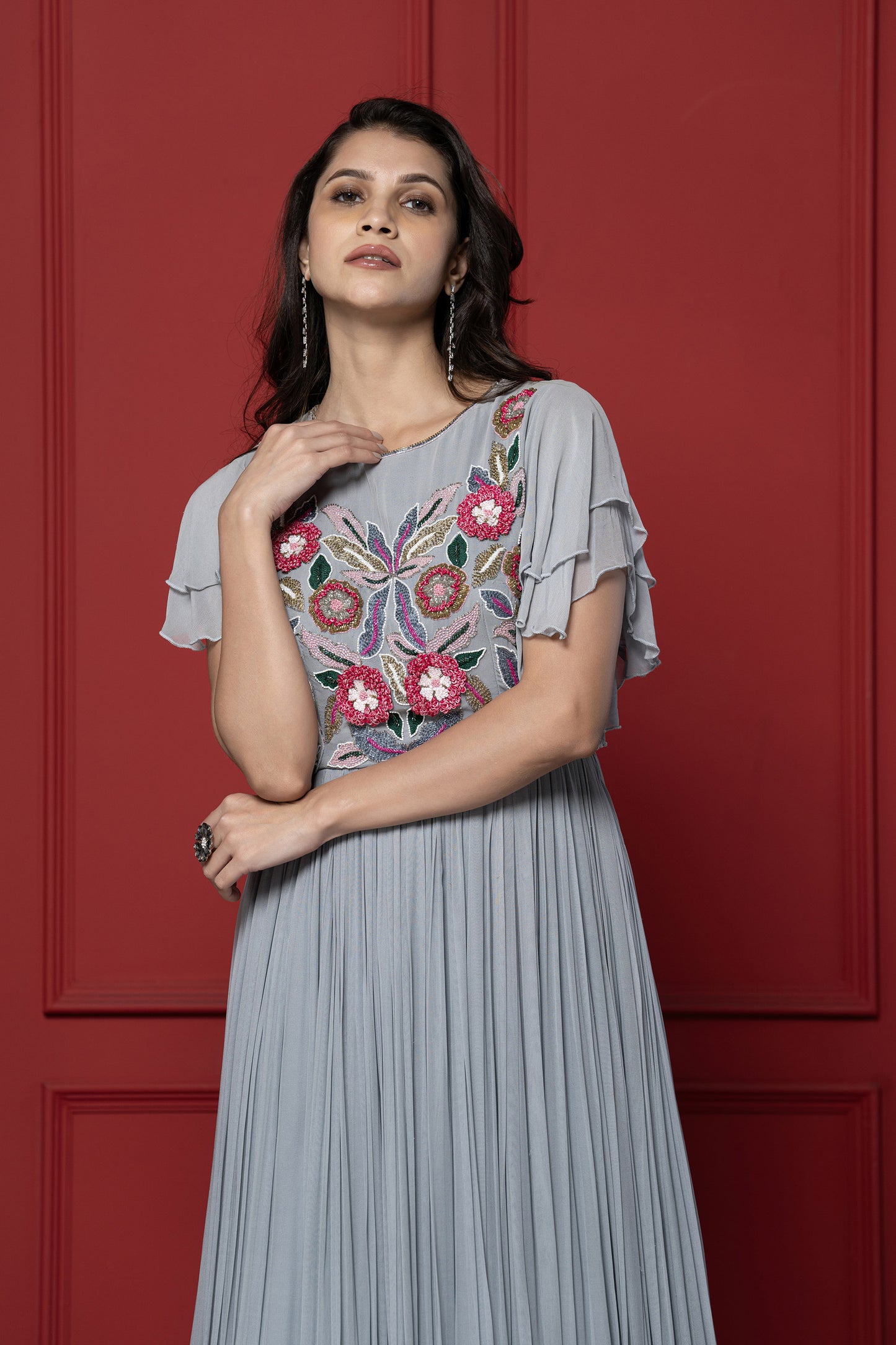 Grey Threadwork Bell Sleeved Grey Gown