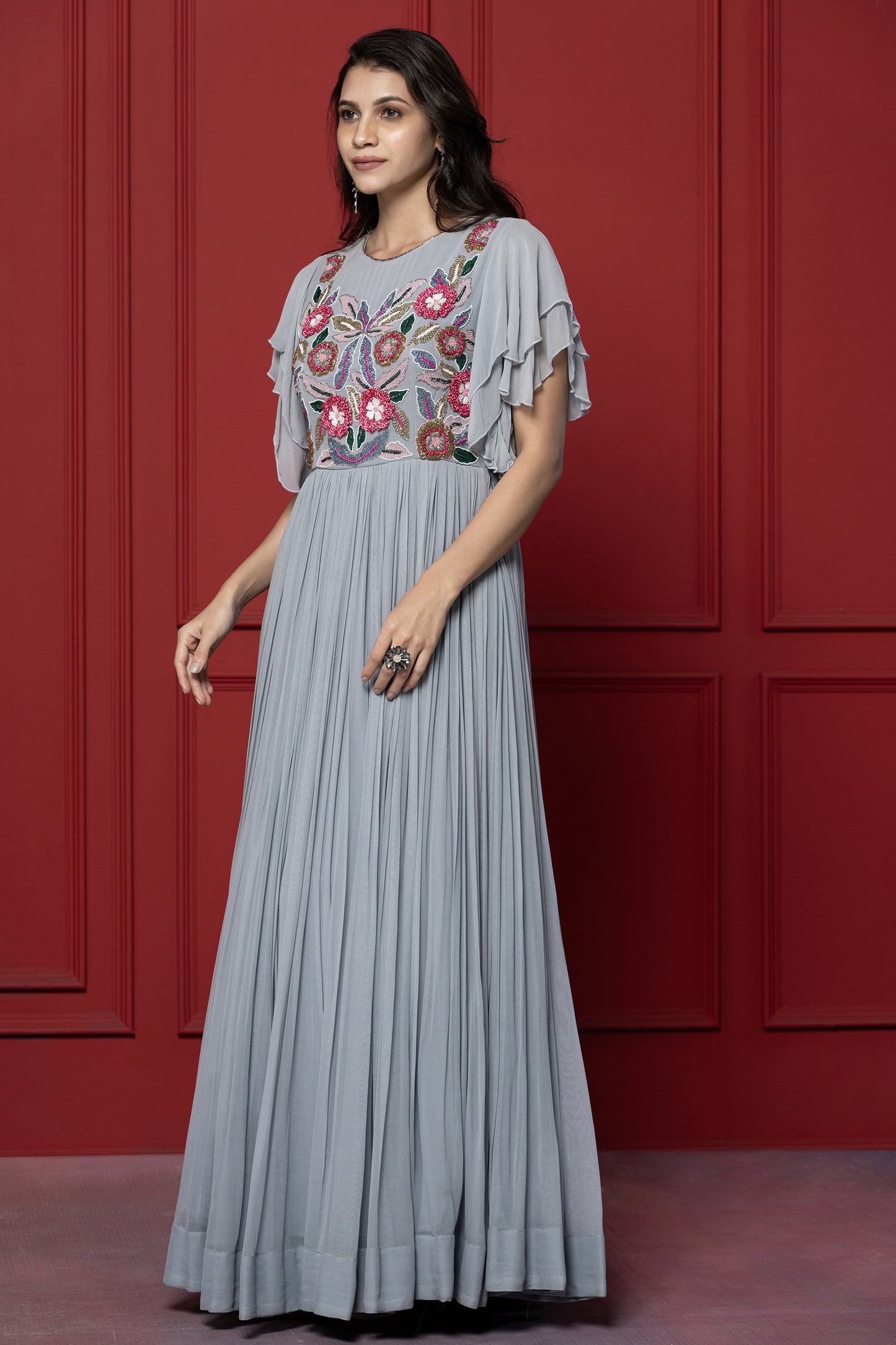 Grey Threadwork Bell Sleeved Grey Gown