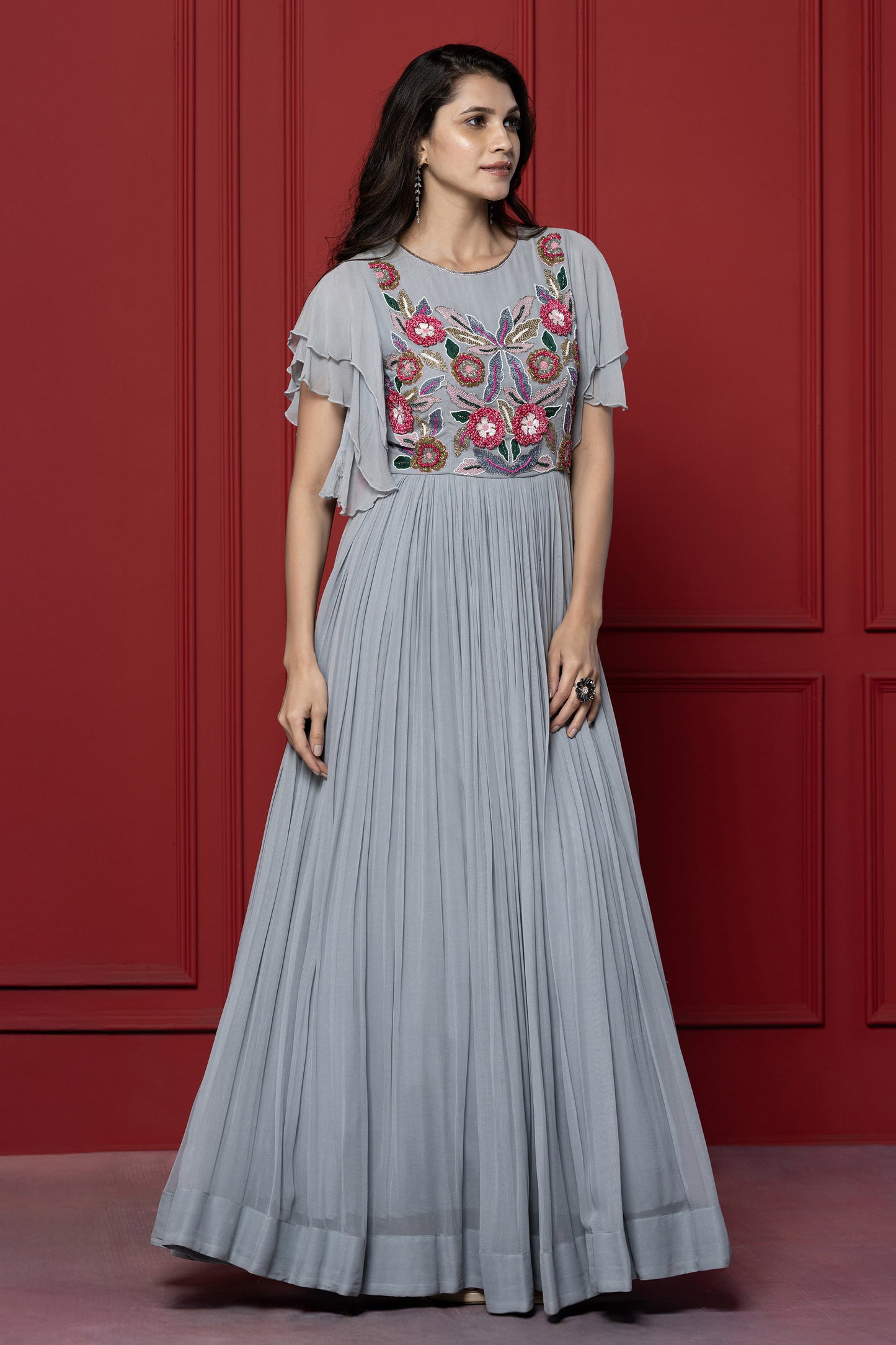 Grey Threadwork Bell Sleeved Grey Gown