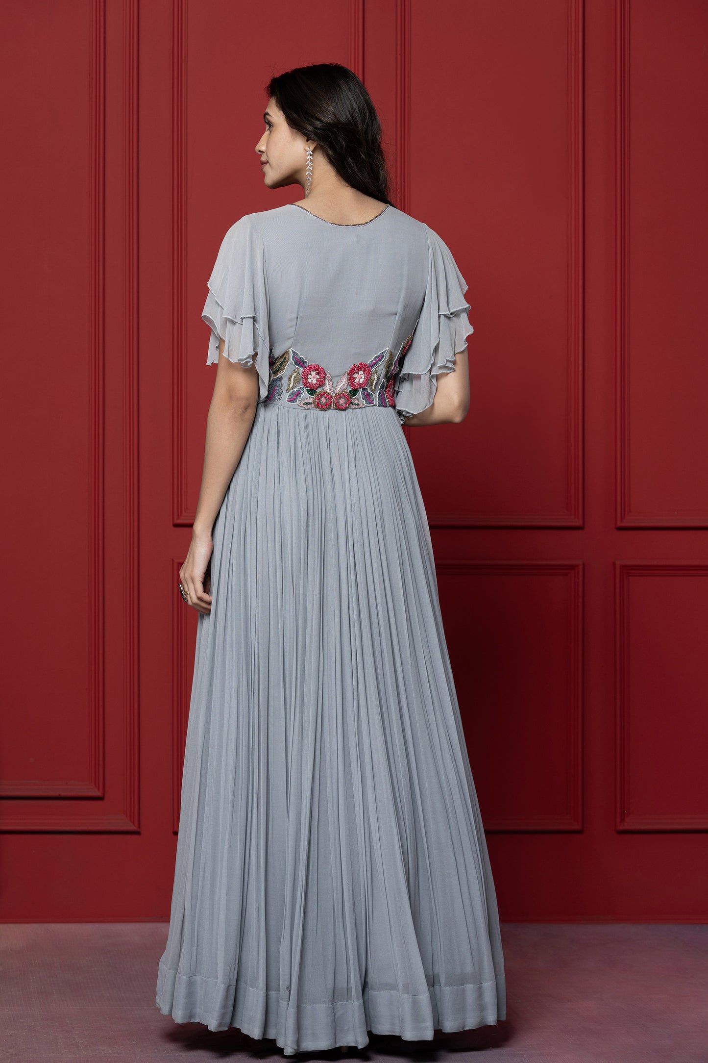 Grey Threadwork Bell Sleeved Grey Gown