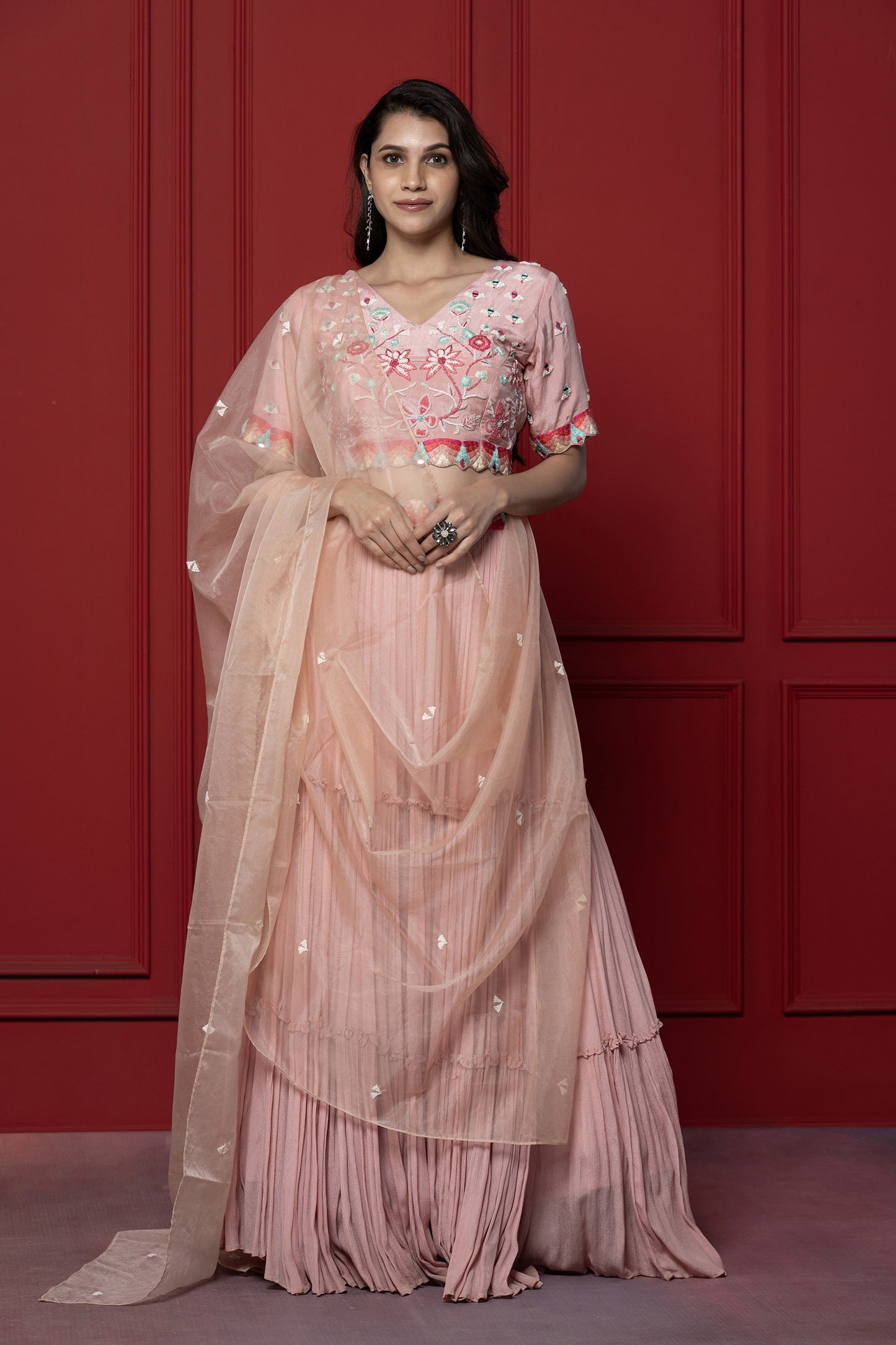 Pink Chinnon Resham Embroidered Lehenga