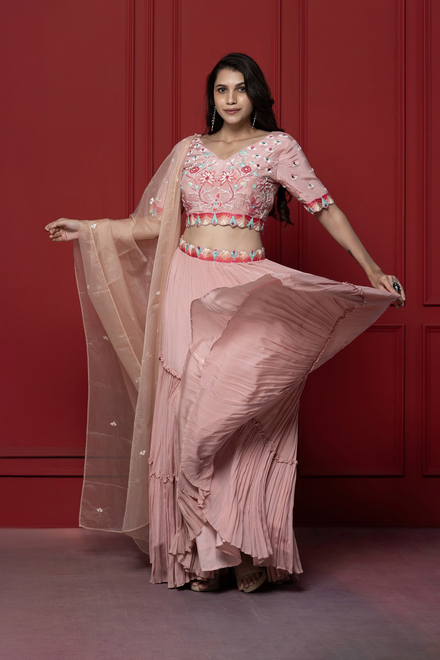 Pink Chinnon Resham Embroidered Lehenga