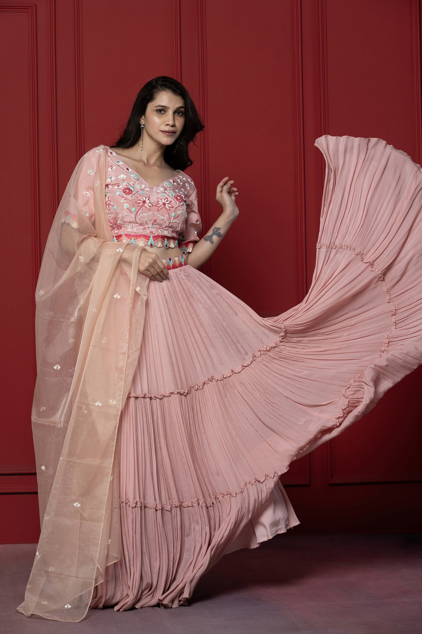 Pink Chinnon Resham Embroidered Lehenga