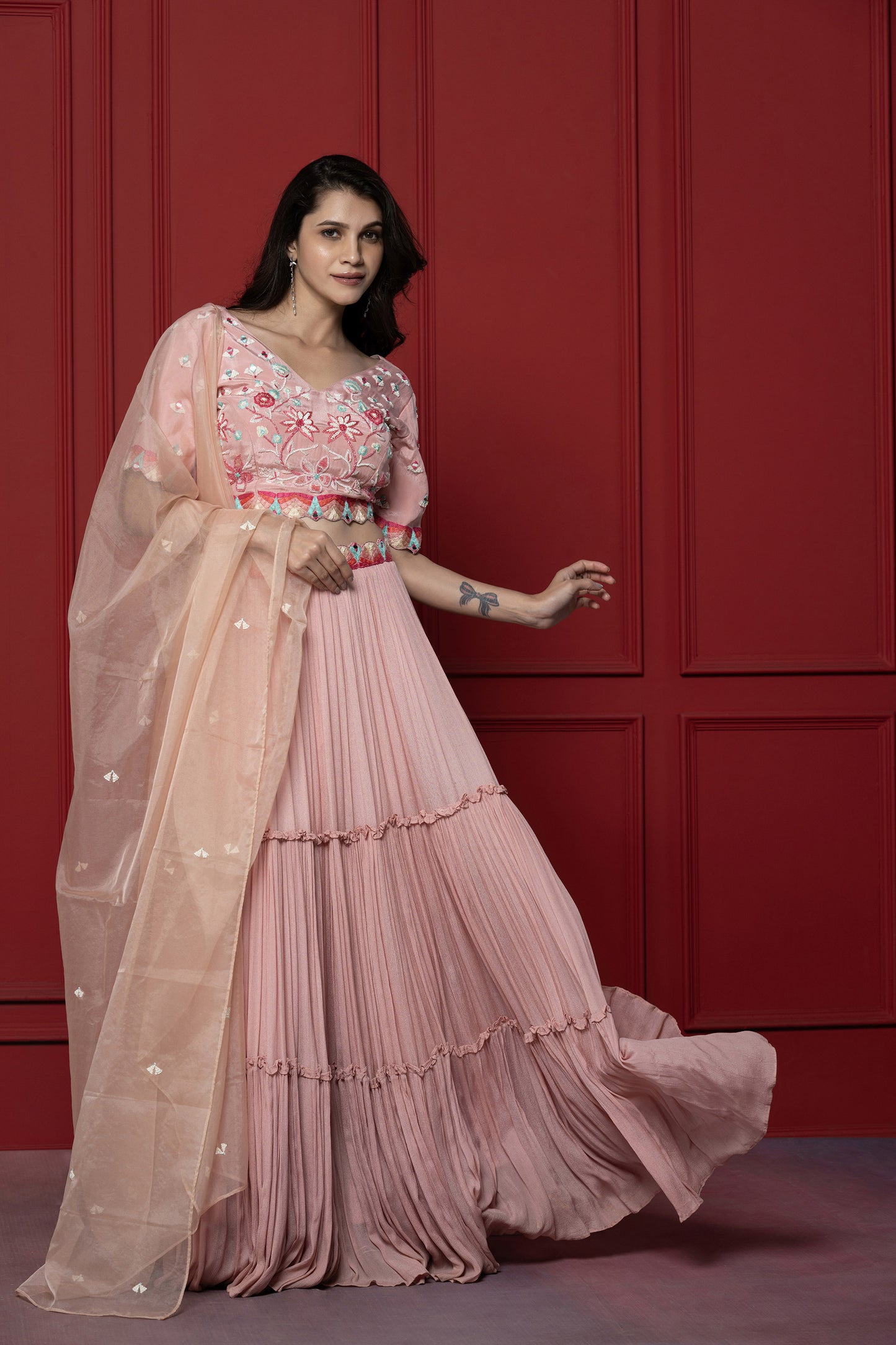 Pink Chinnon Resham Embroidered Lehenga