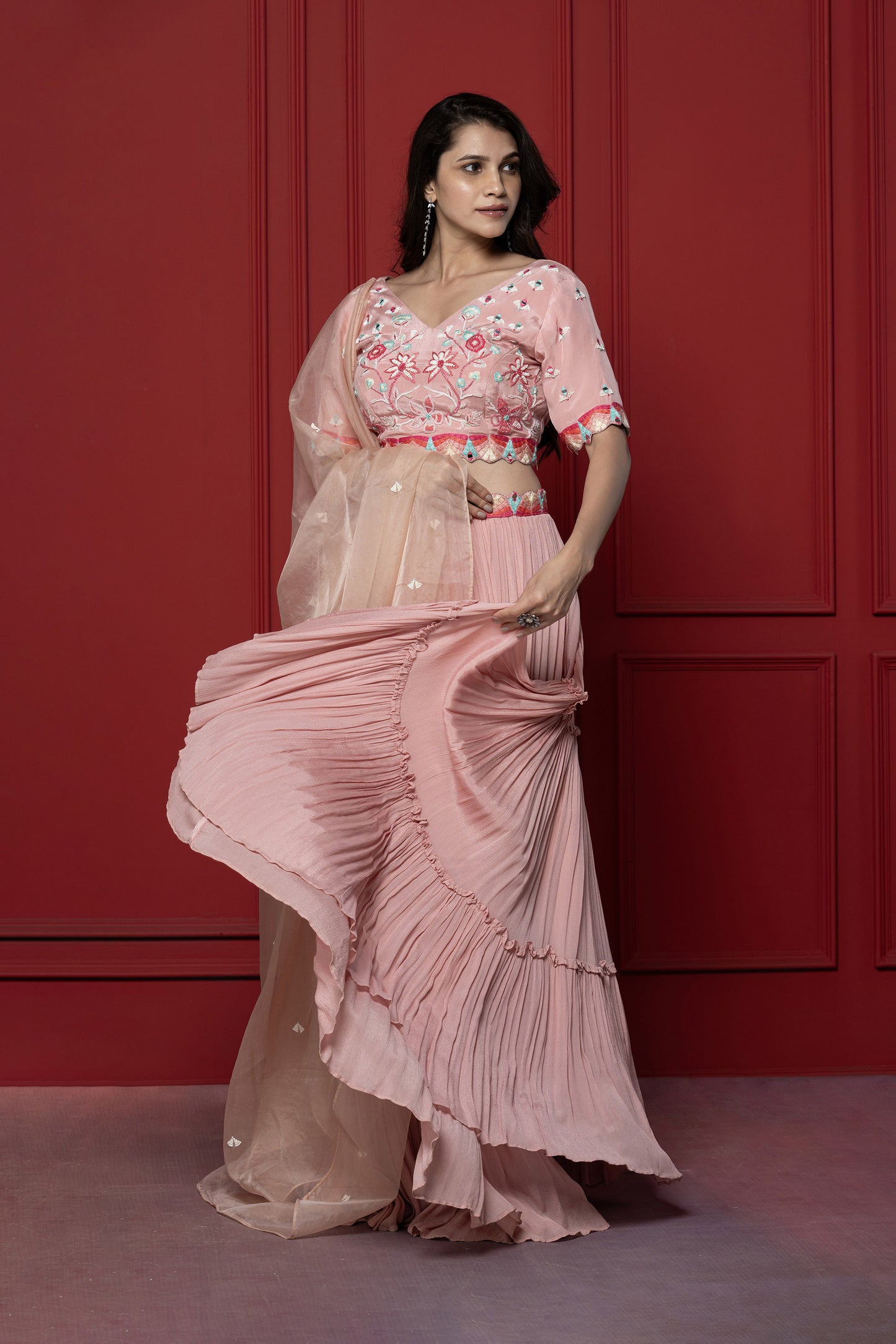 Pink Chinnon Resham Embroidered Lehenga