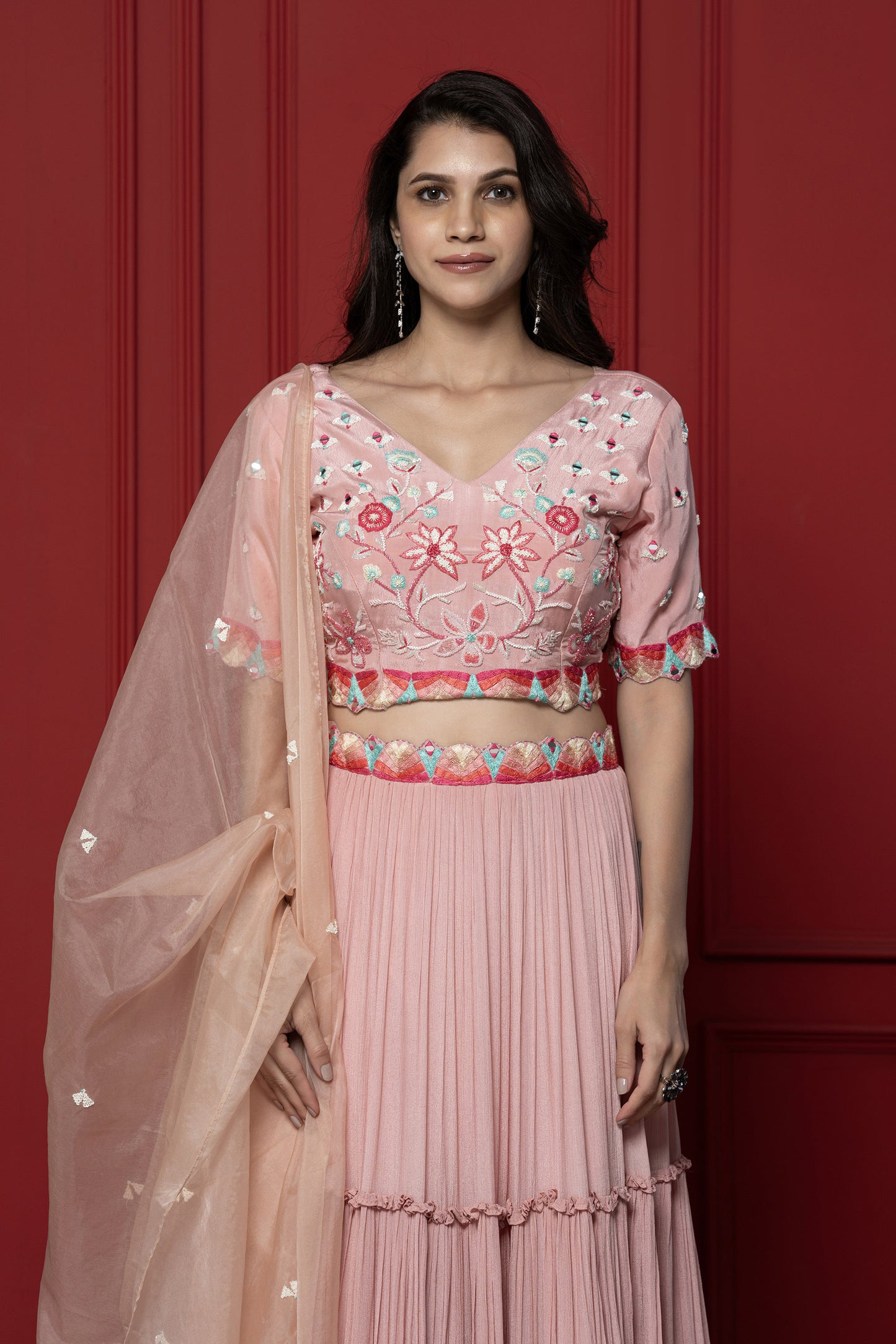 Pink Chinnon Resham Embroidered Lehenga