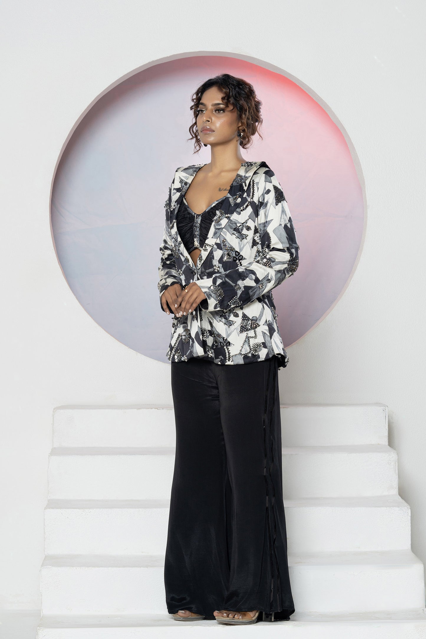 Black Crepe Printed Blazer Set