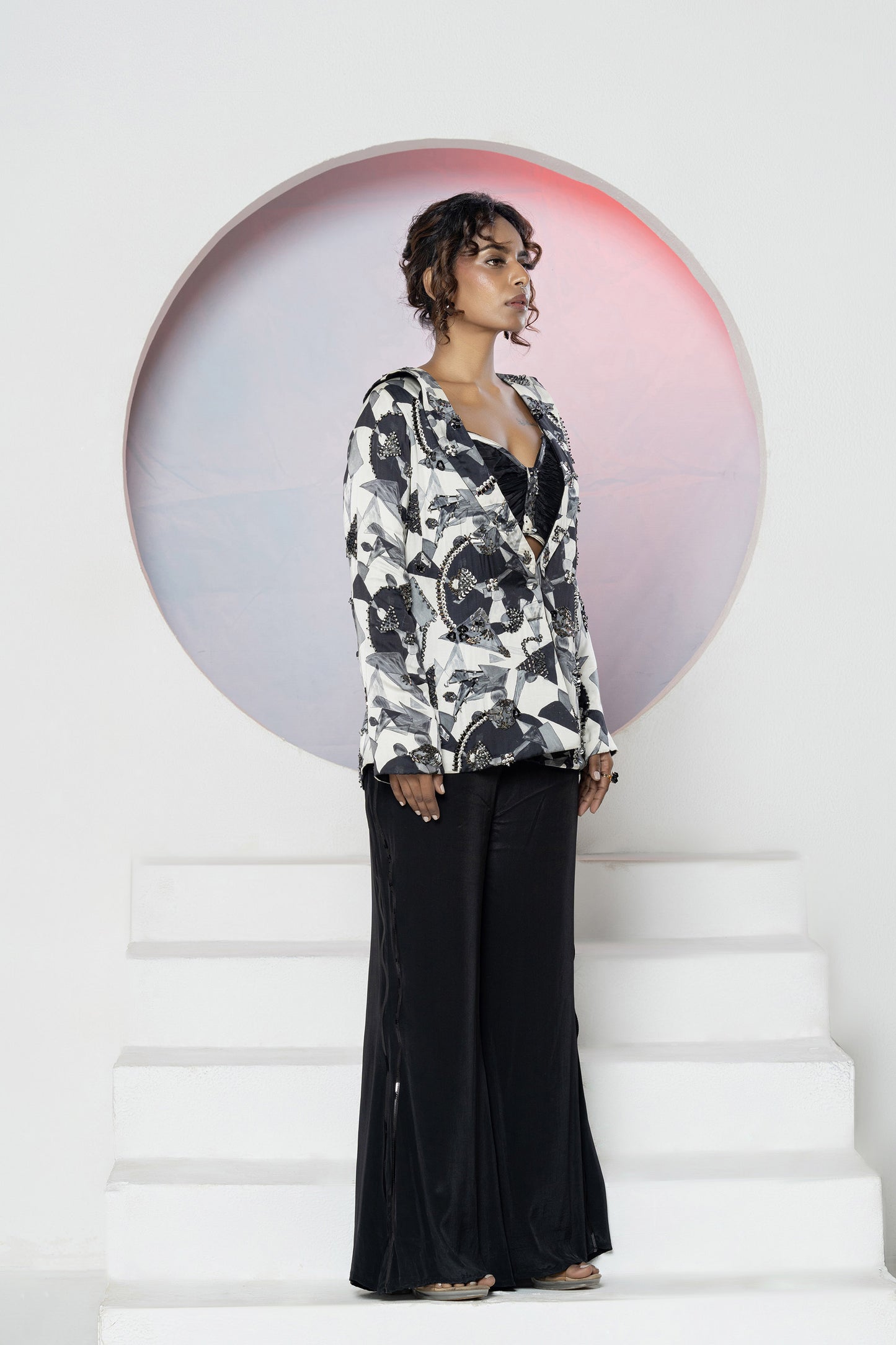 Black Crepe Printed Blazer Set