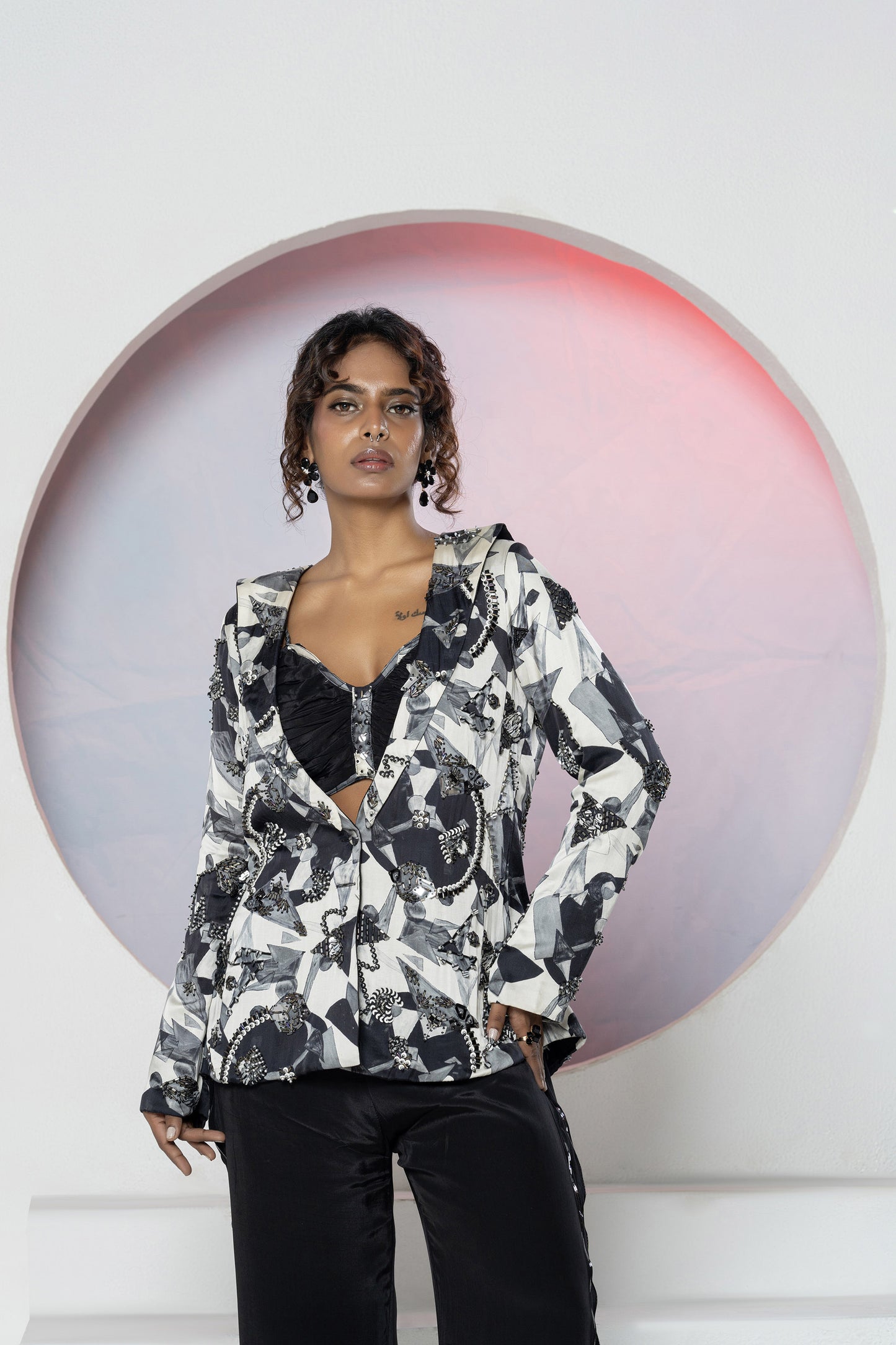 Black Crepe Printed Blazer Set