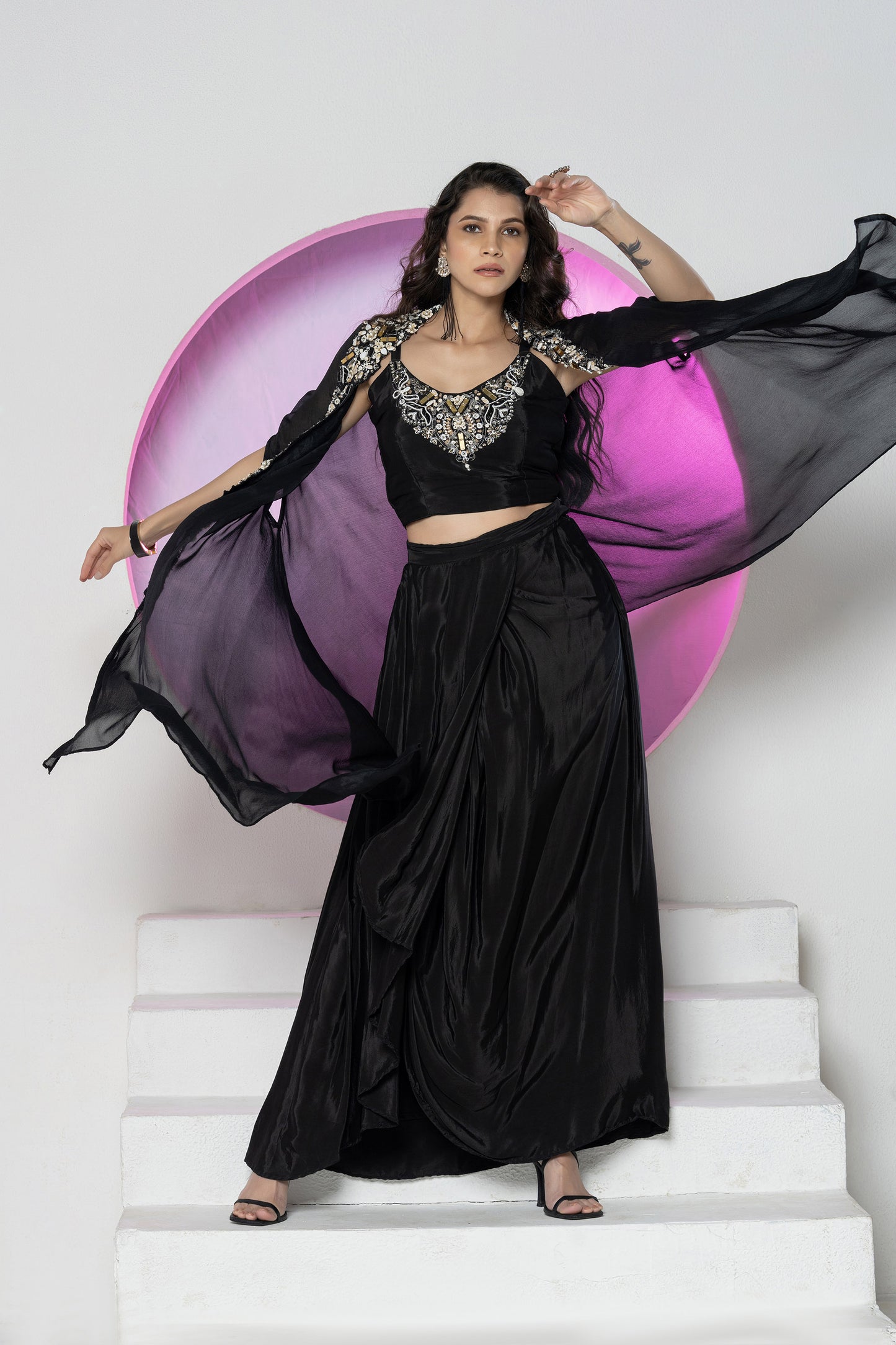 Black Crepe Crystal work Skirt Cape Set