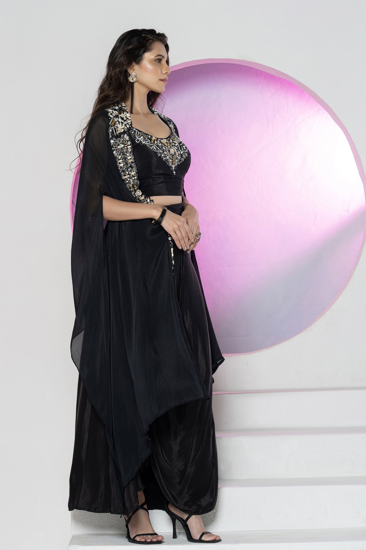 Black Crepe Crystal work Skirt Cape Set