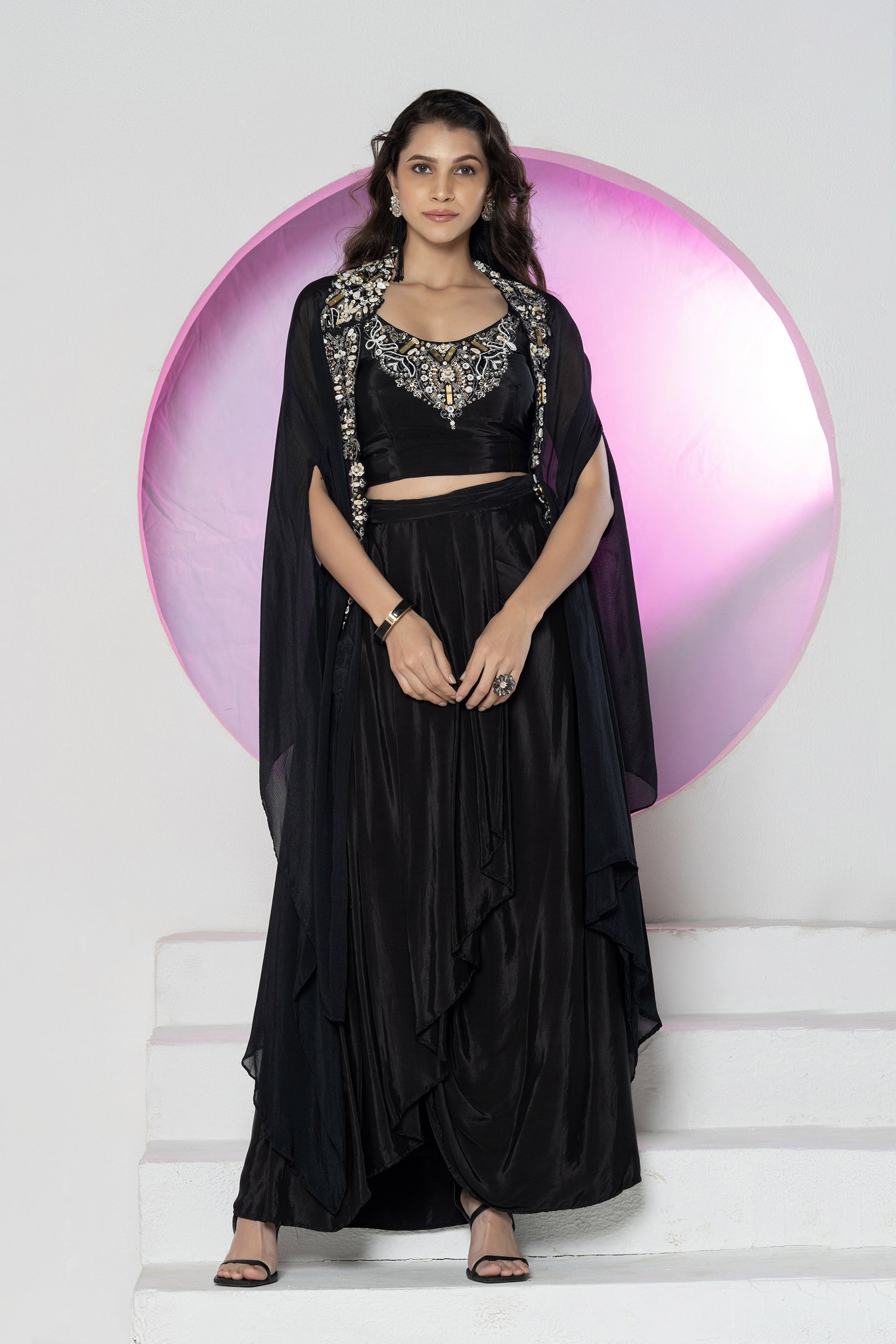 Black Crepe Crystal work Skirt Cape Set