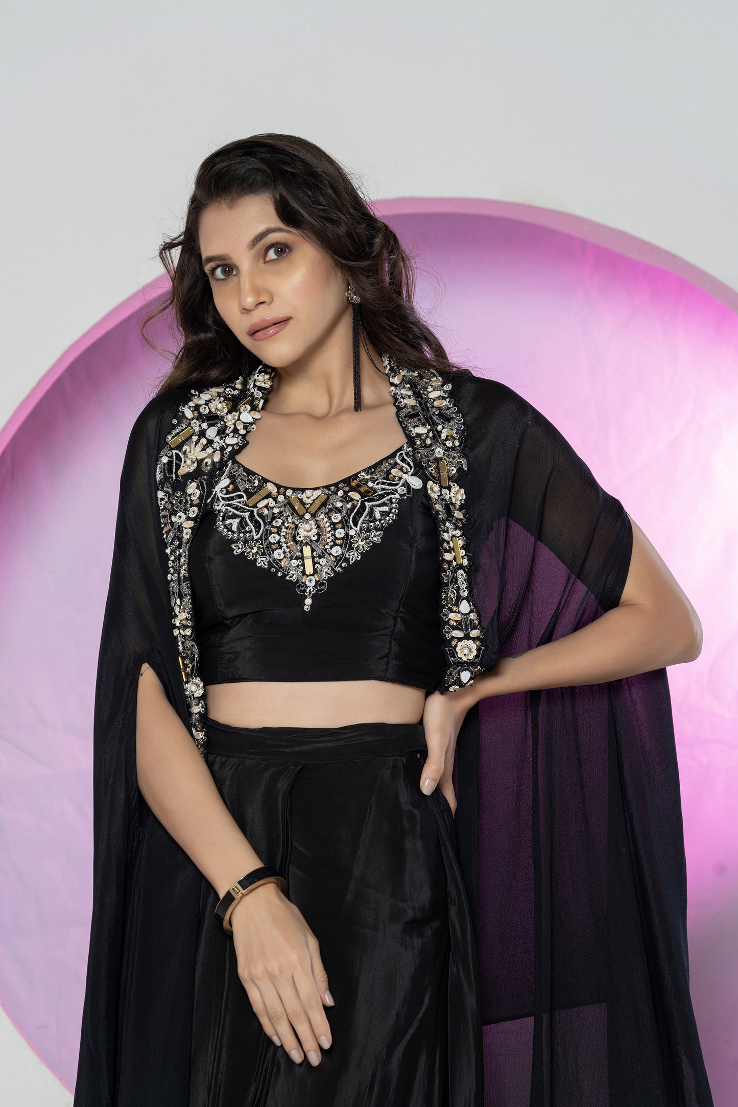 Black Crepe Crystal work Skirt Cape Set