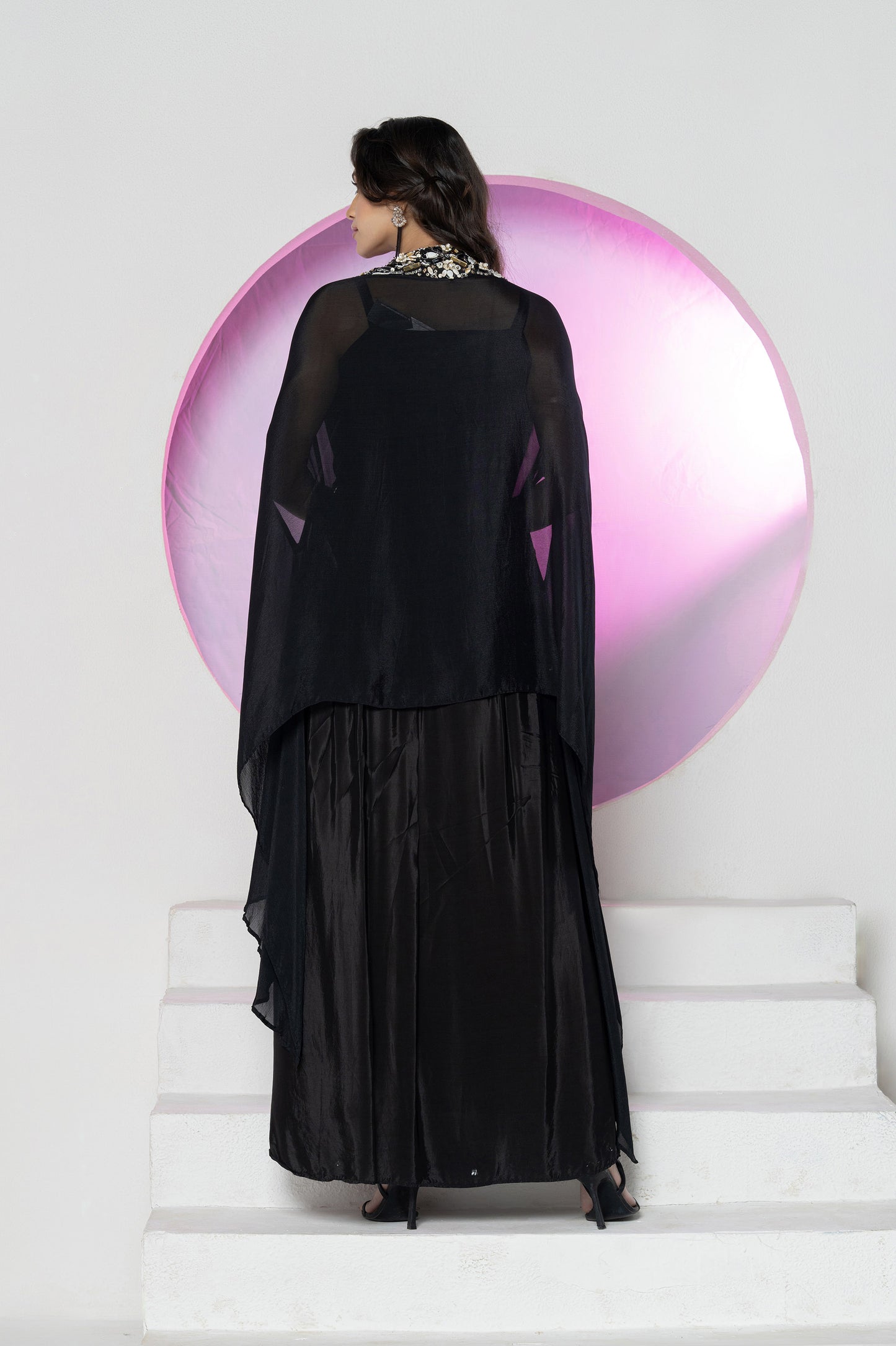 Black Crepe Crystal work Skirt Cape Set