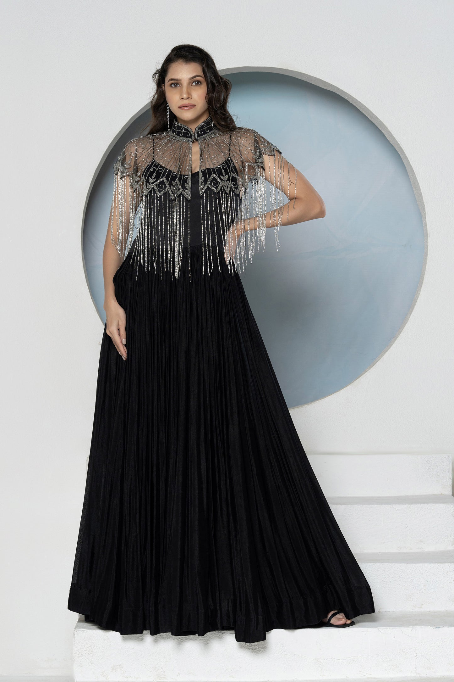 Black Chinnon Detachable Cape Gown